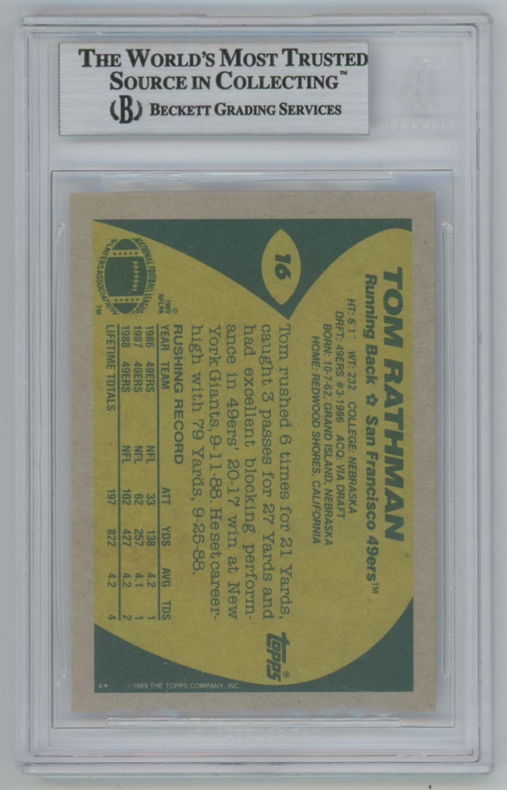 1989 Topps #16 Tom Rathman Auto - Beckett Authentic
