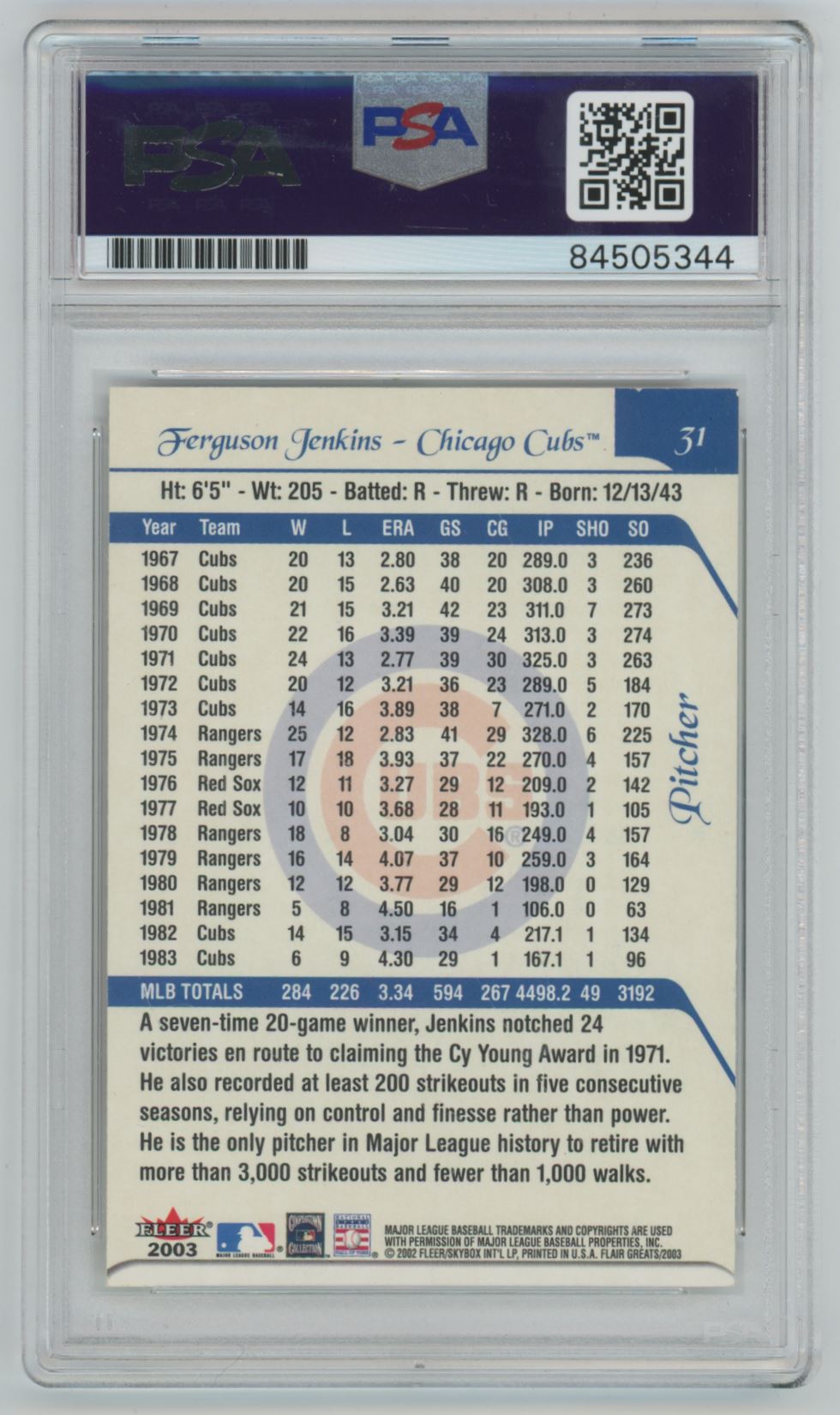2003 Fleer Fergie Jenkins Auto - PSA/DNA