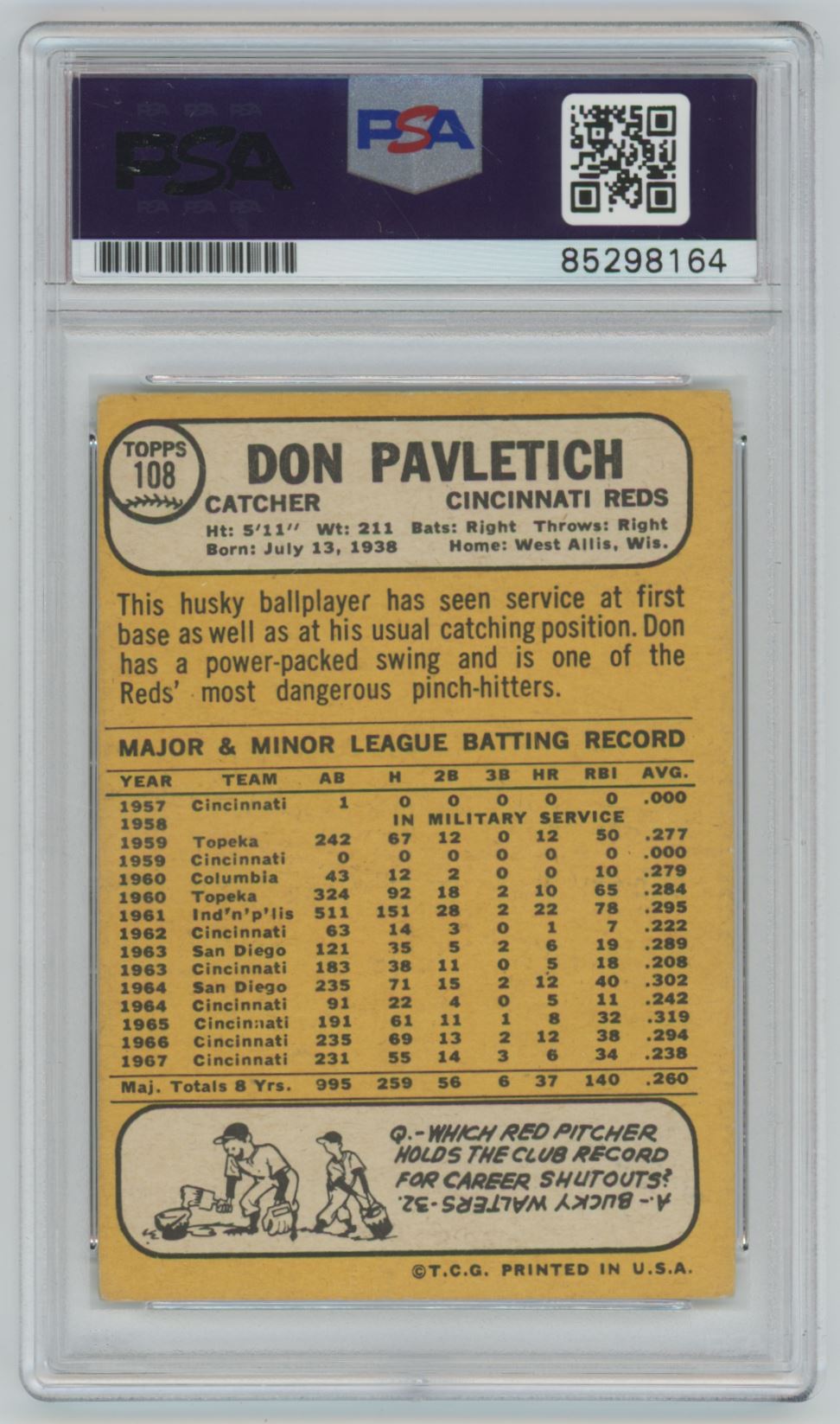 1968 Topps Don Pavletich Auto - PSA/DNA Authentic (8164)