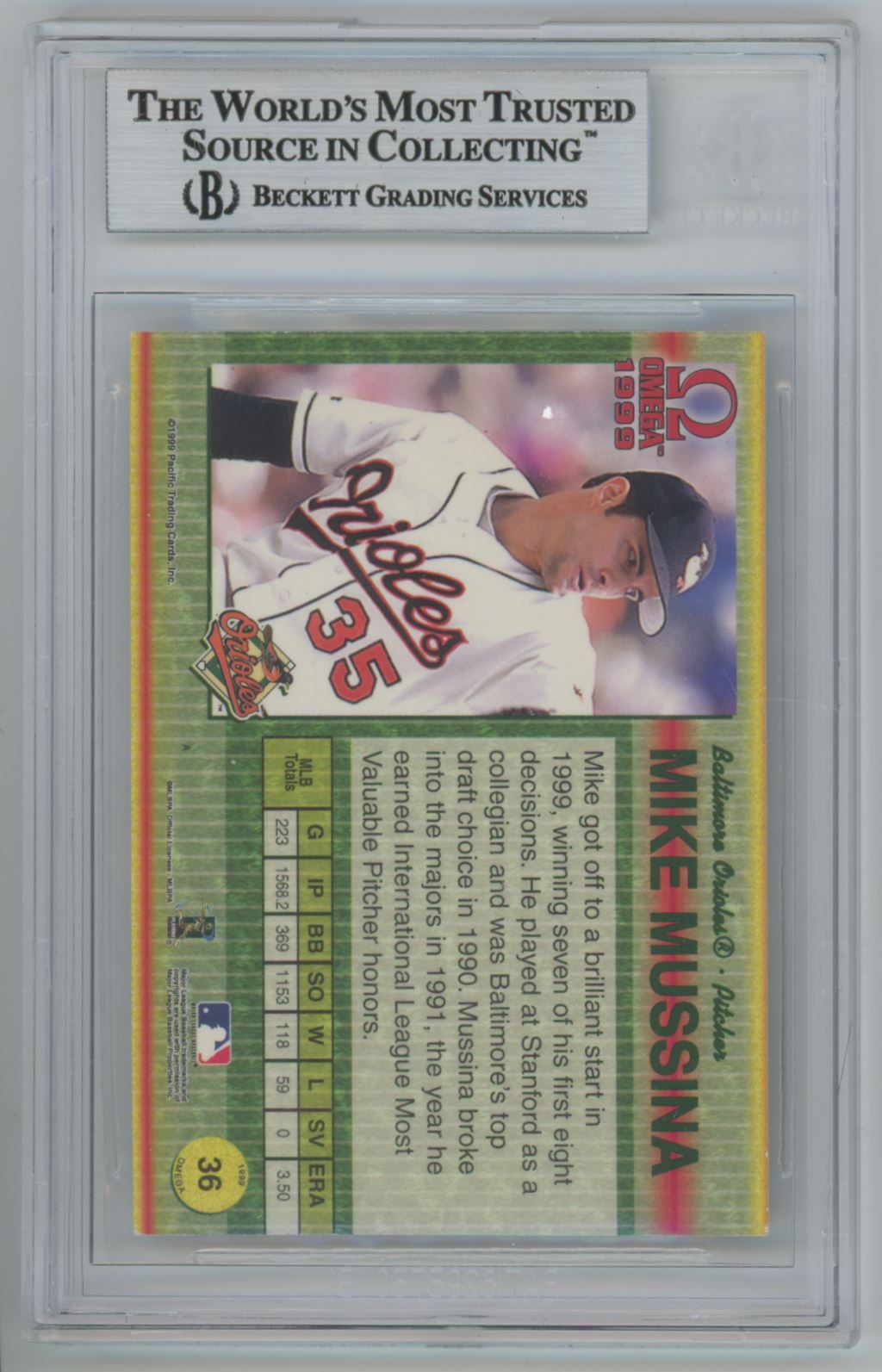 1999 Pacific Omega #36 Mike Mussina Auto - Beckett Authentic