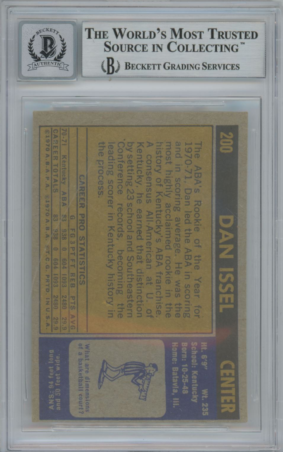 1971-72 Topps #200 Dan Issel Rookie Card - Beckett Authentic Auto 10 Grade
