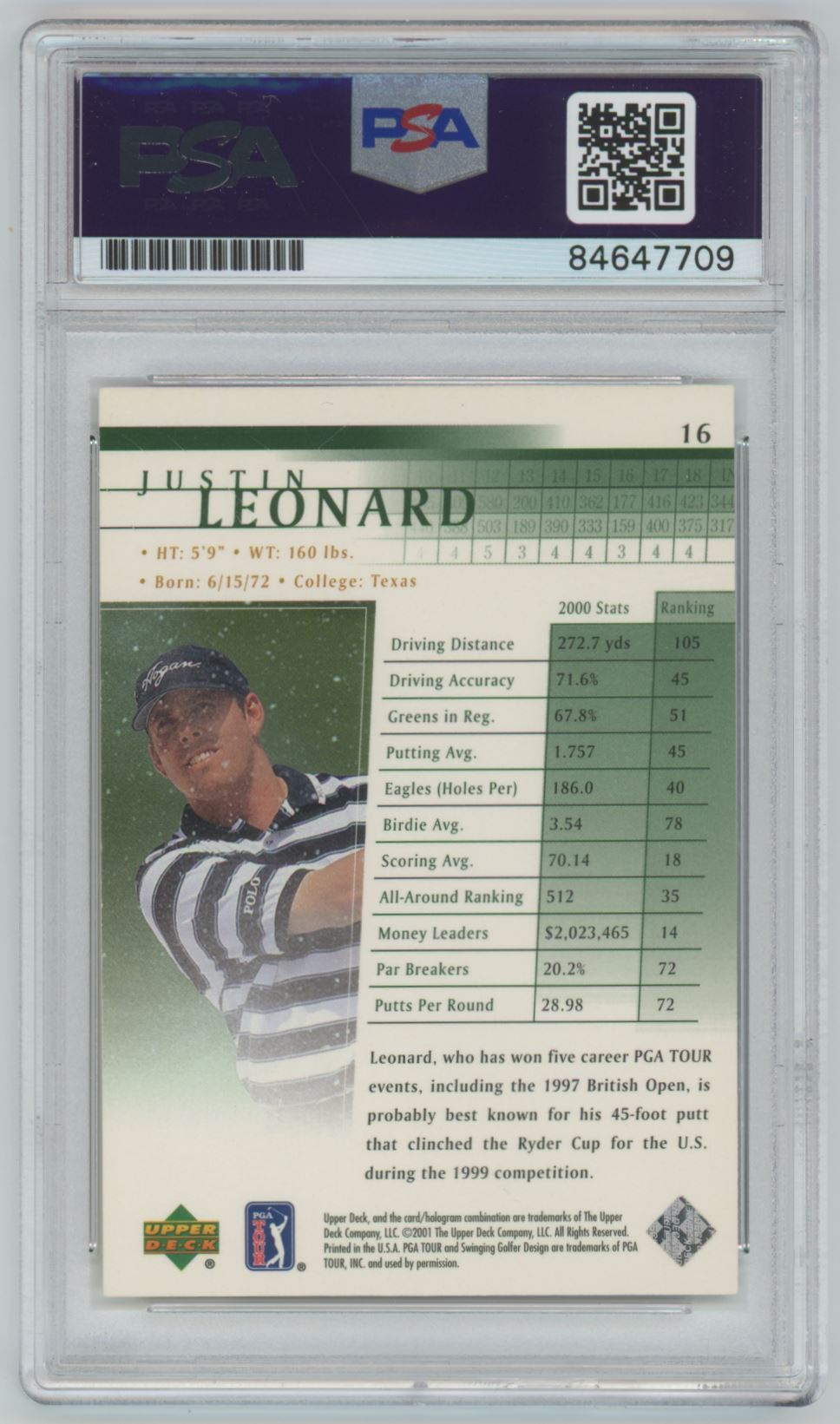 2001 Upper Deck Justin Leonard Auto - PSA/DNA Authentic