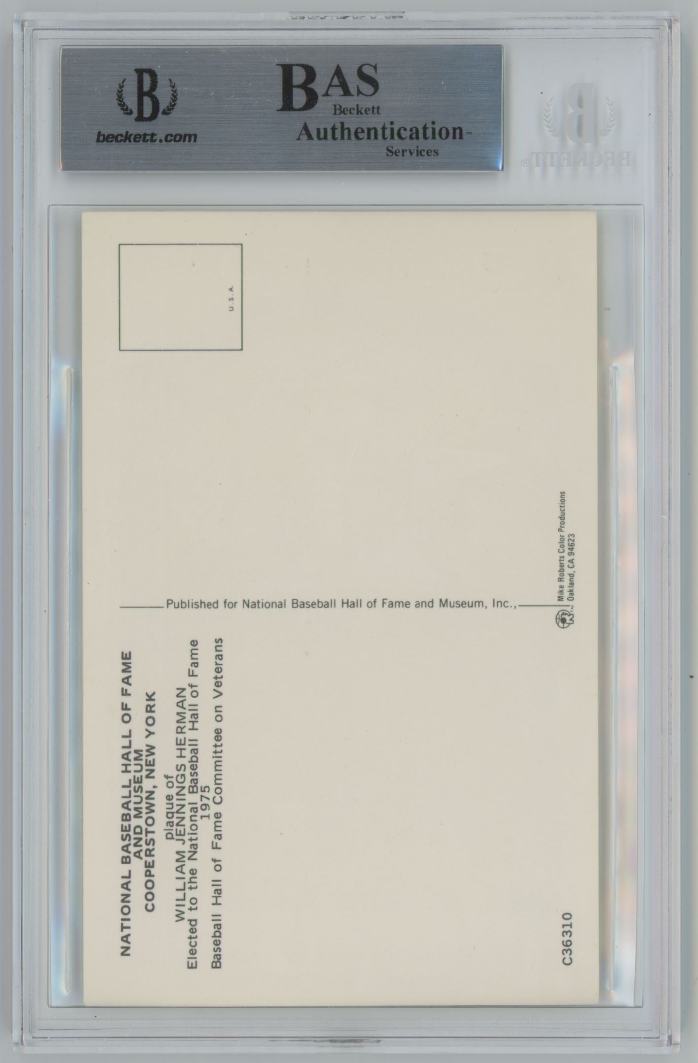 Hall of Fame Plaque Postcard Billy Herman Auto - Beckett Authentic