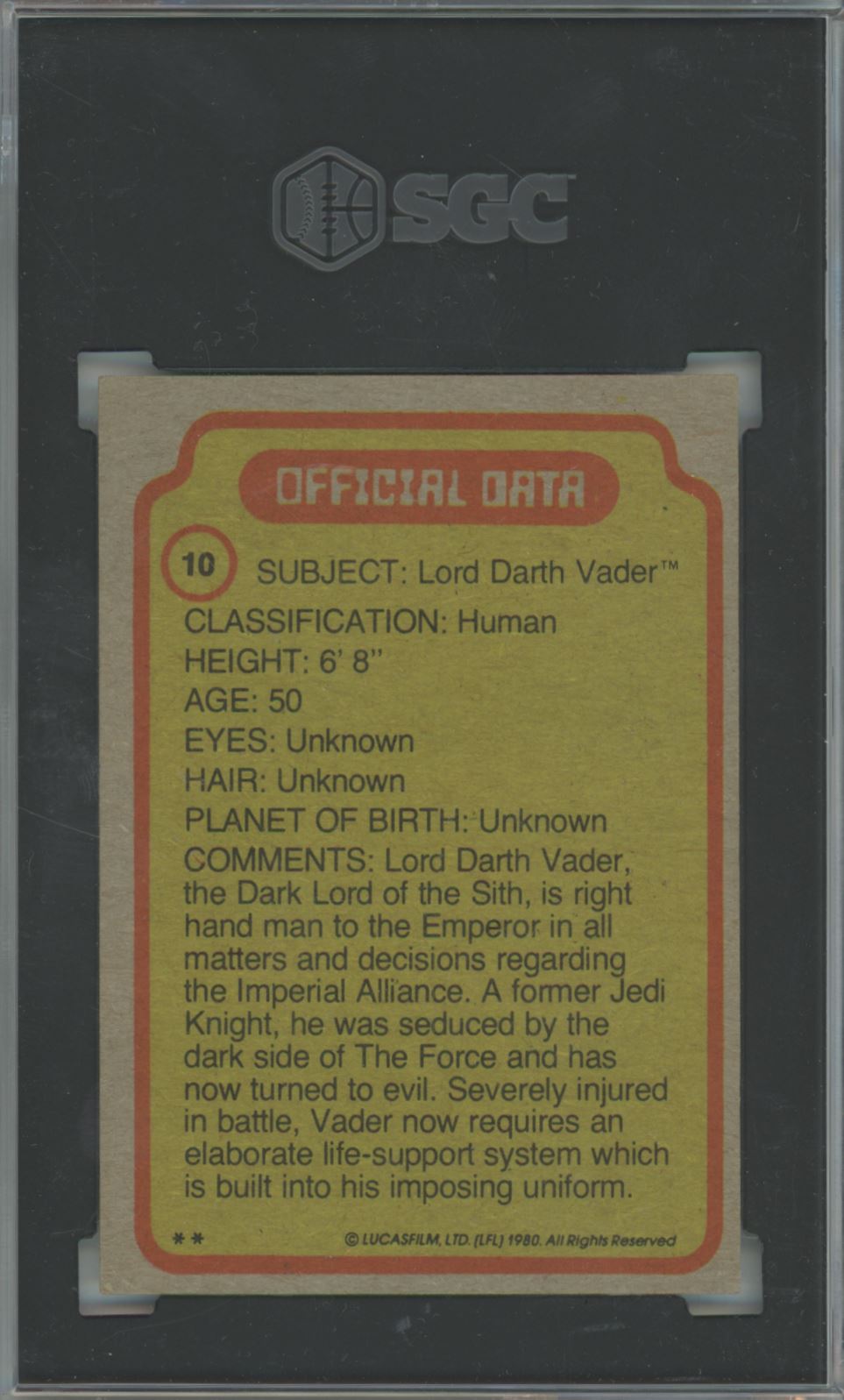 1980 Topps Star Wars Darth Vader #10 The Empire Strikes Back - SGC 5