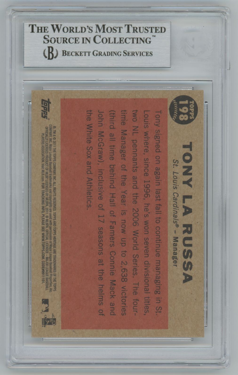 2011 Topps Heritage Tony Larussa #198 Auto - Beckett Authentic