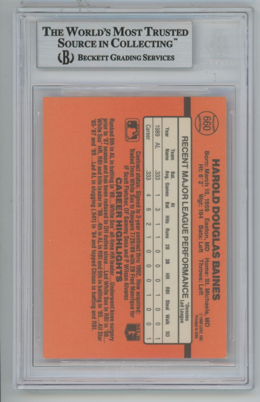 1990 Donruss #660B Harold Baines Auto - Beckett Authentic