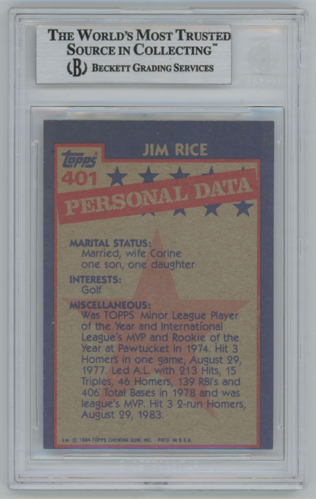 1984 Topps Jim Rice #401 Auto - Beckett Authentic