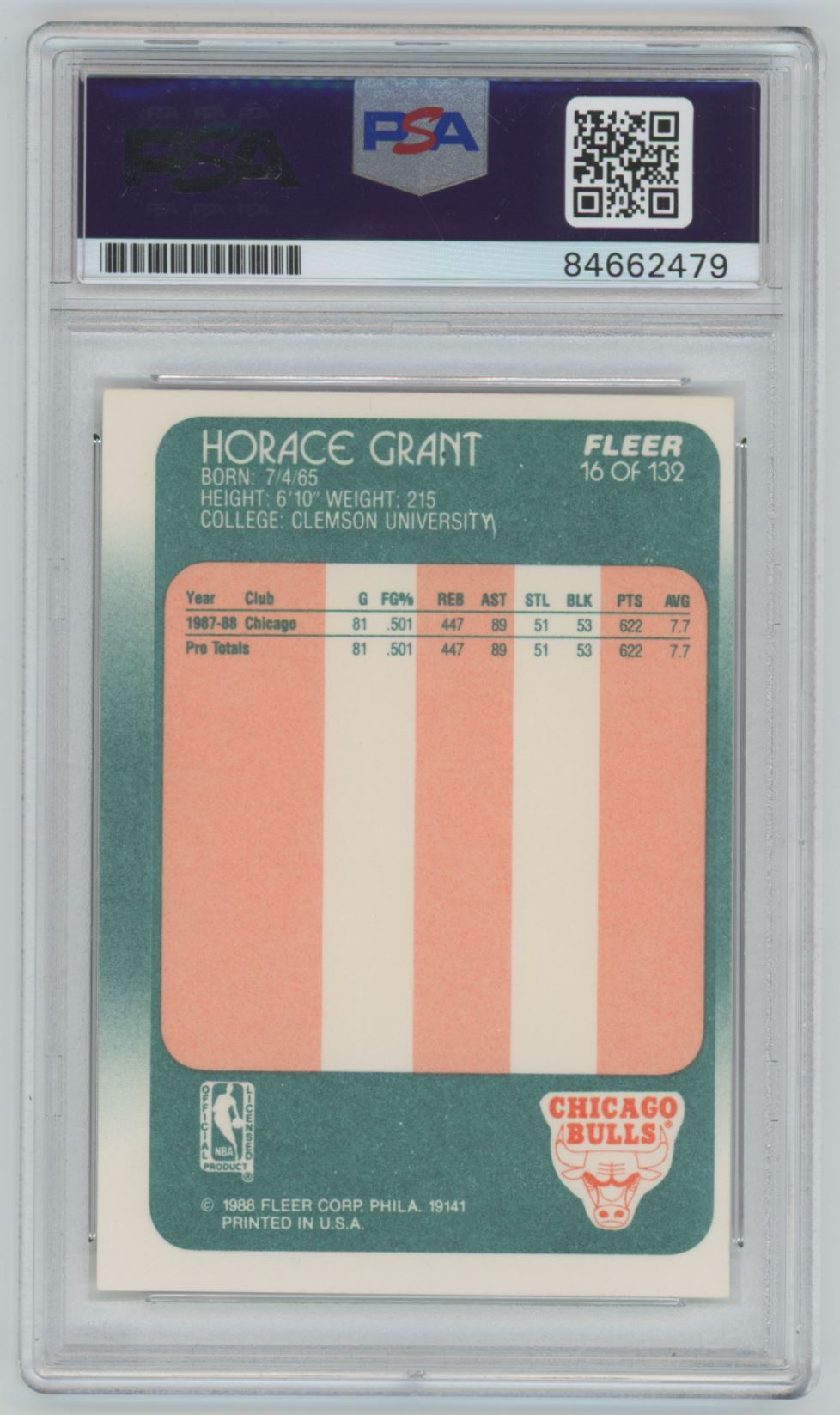 1988 Fleer Horace Grant Rookie Card #16 Gem 10 (Auto Grade) - PSA/DNA Authentic