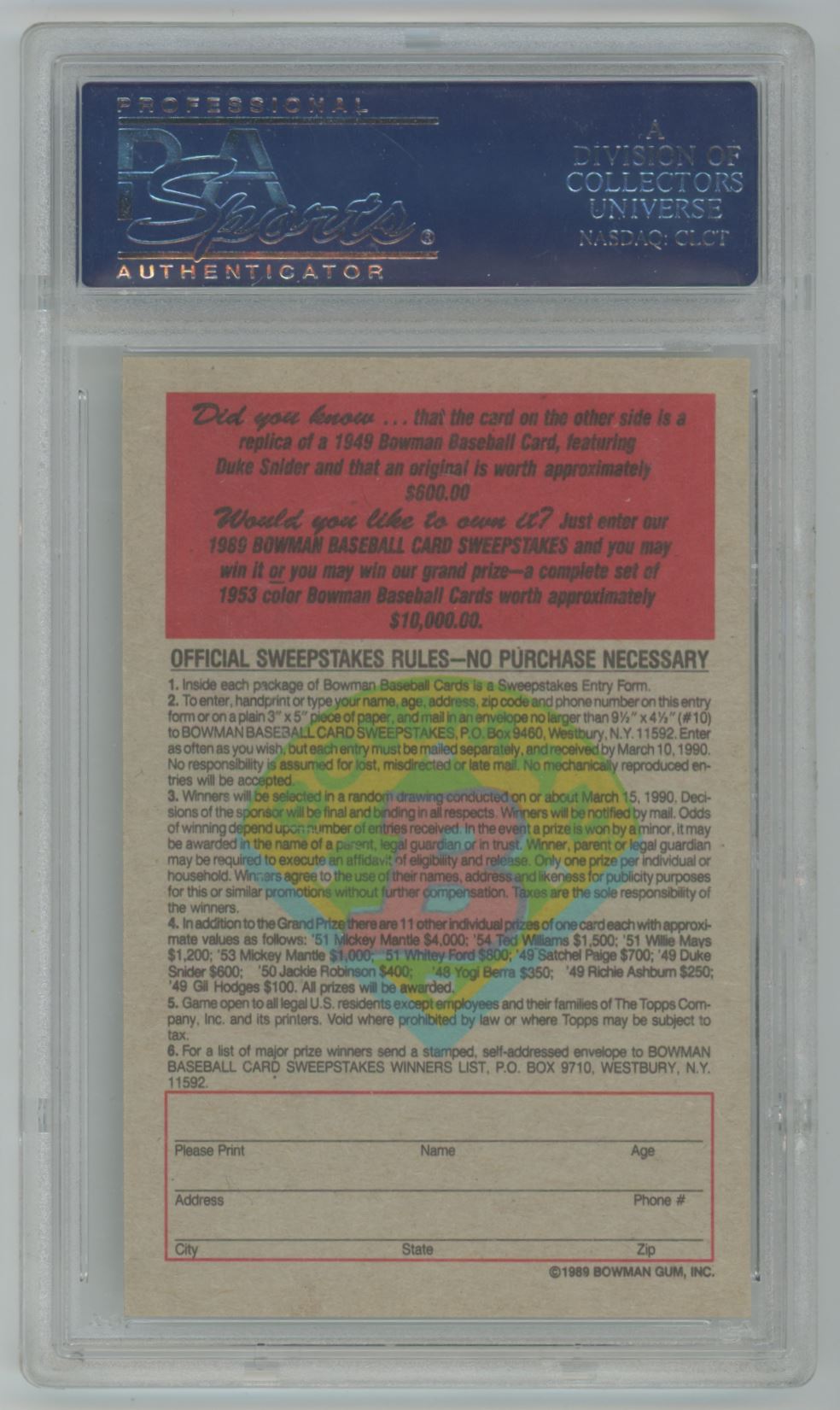 1989 Bowman Inserts Duke Snider - PSA/DNA Auto 10 Grade