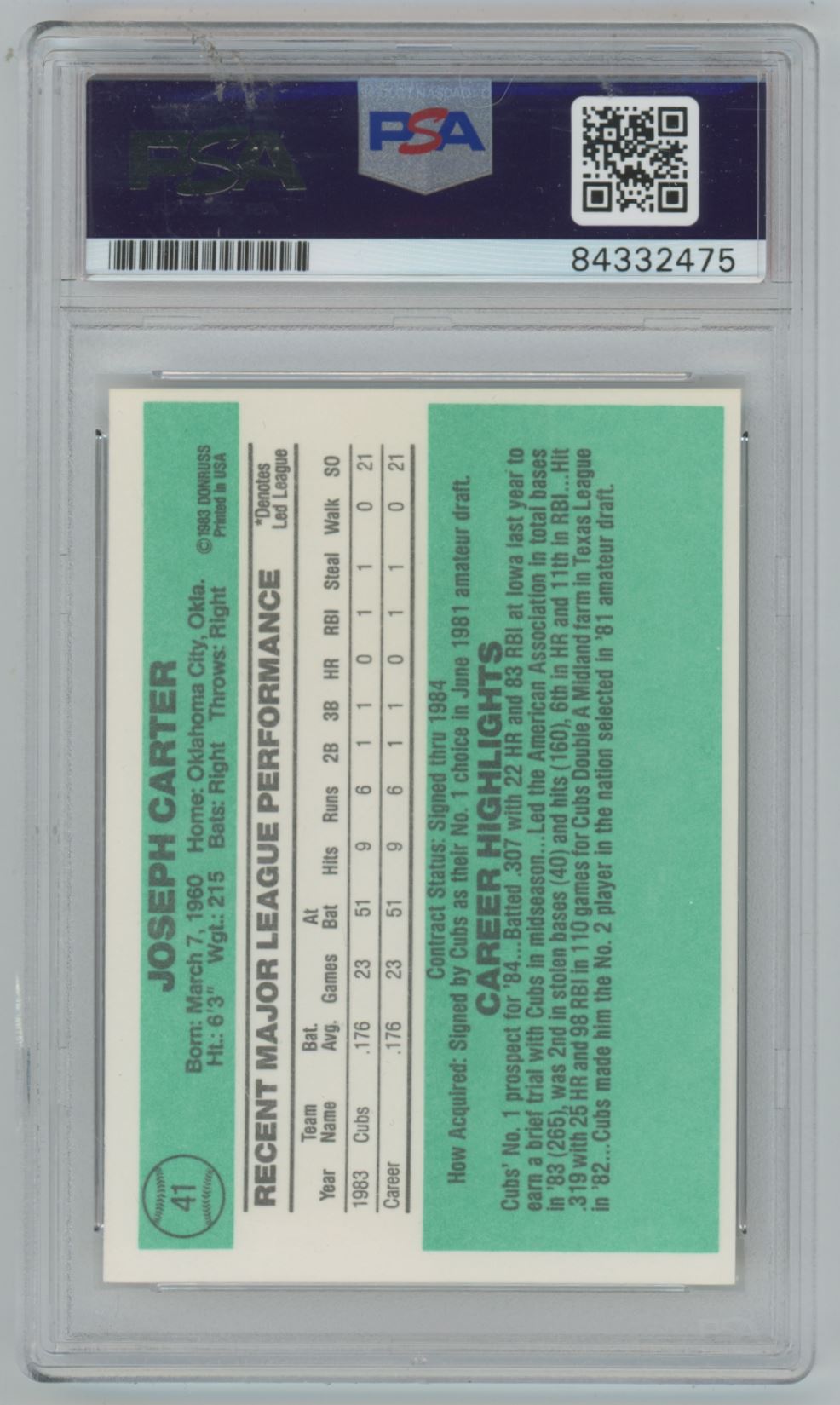 1984 Donruss Joe Carter ROOKIE CARD Auto - PSA/DNA