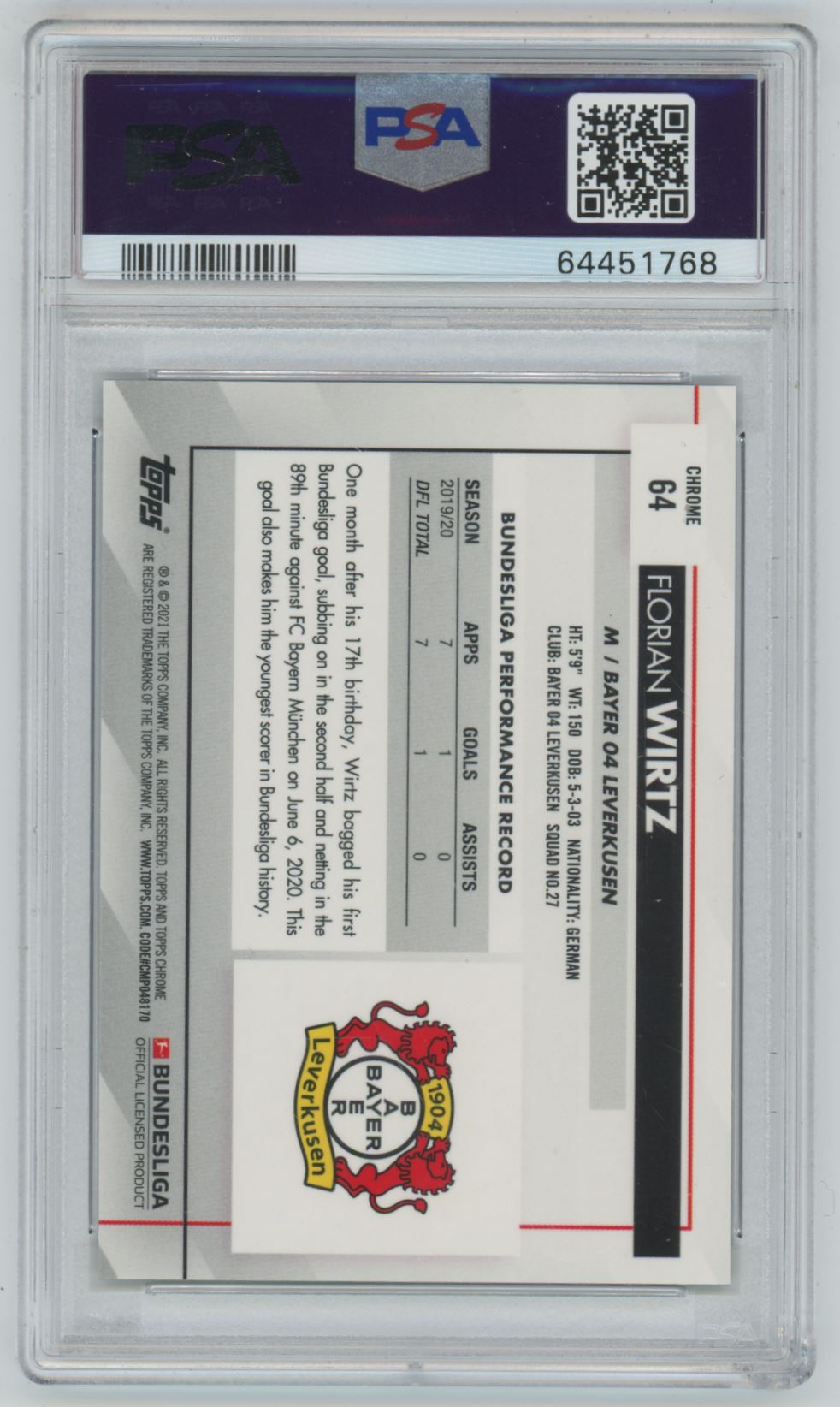 2020 Topps Chrome Bundesliga Florian Wirtz Sapphire Edition #64 - PSA 10