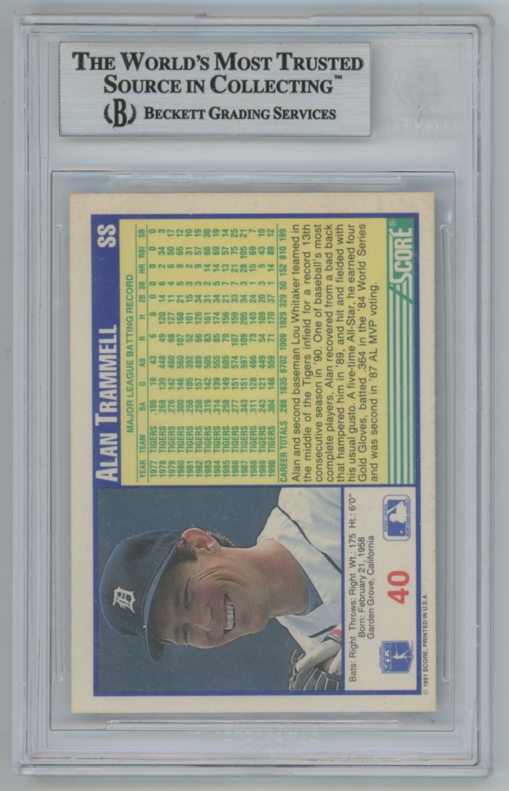 1991 Score Alan Trammell #40 Auto - Beckett Authentic