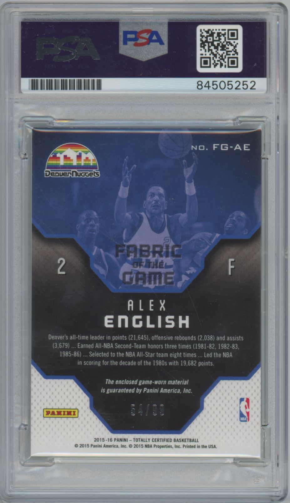 2015-16 Totally Certified Alex English /99 Game Used Jersey Auto - PSA/DNA