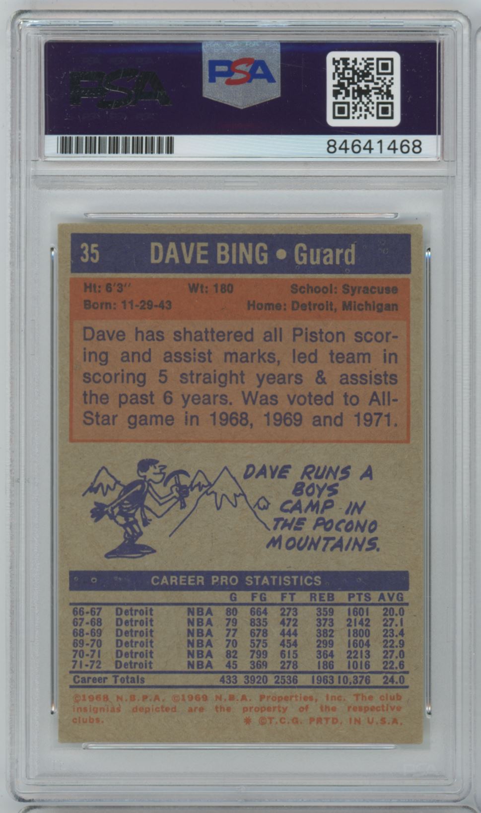 1972 Topps Dave Bing Auto 10 Grade - PSA/DNA (1468)