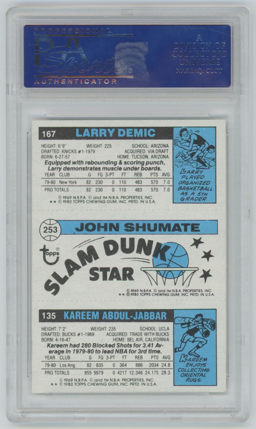 1980 Topps Kareem Abdul-Jabbar, John Shumate, Larry Demic - PSA 10