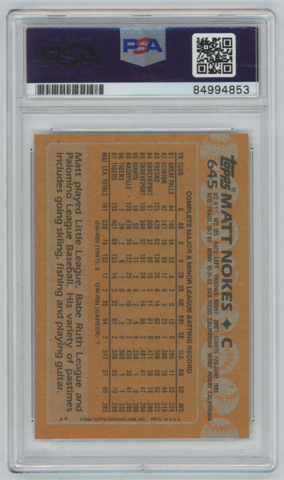 1988 Topps Matt Nokes Auto - PSA/DNA