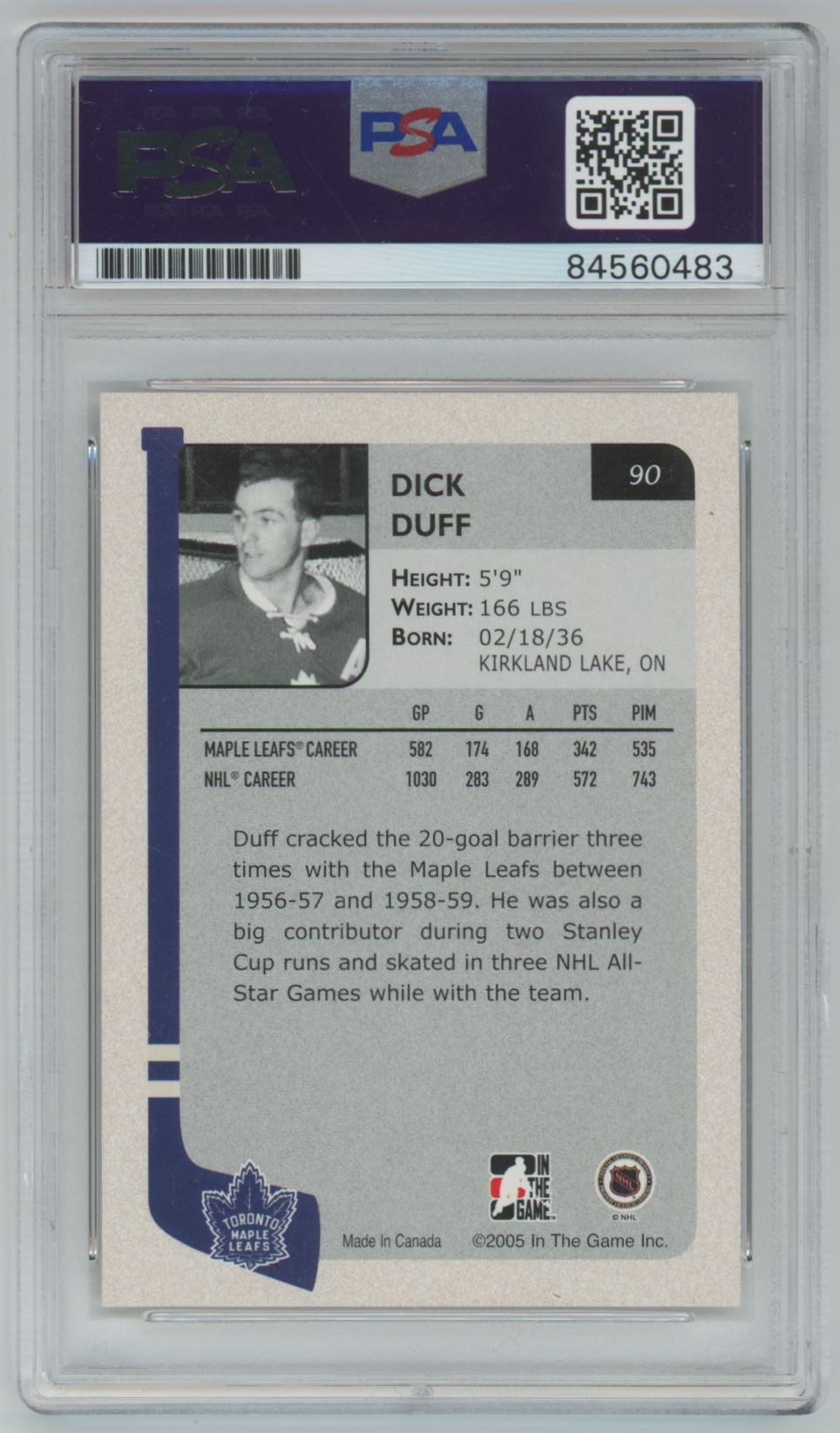 2005 Dick Duff Toronto Maple Leafs Auto - PSA/DNA