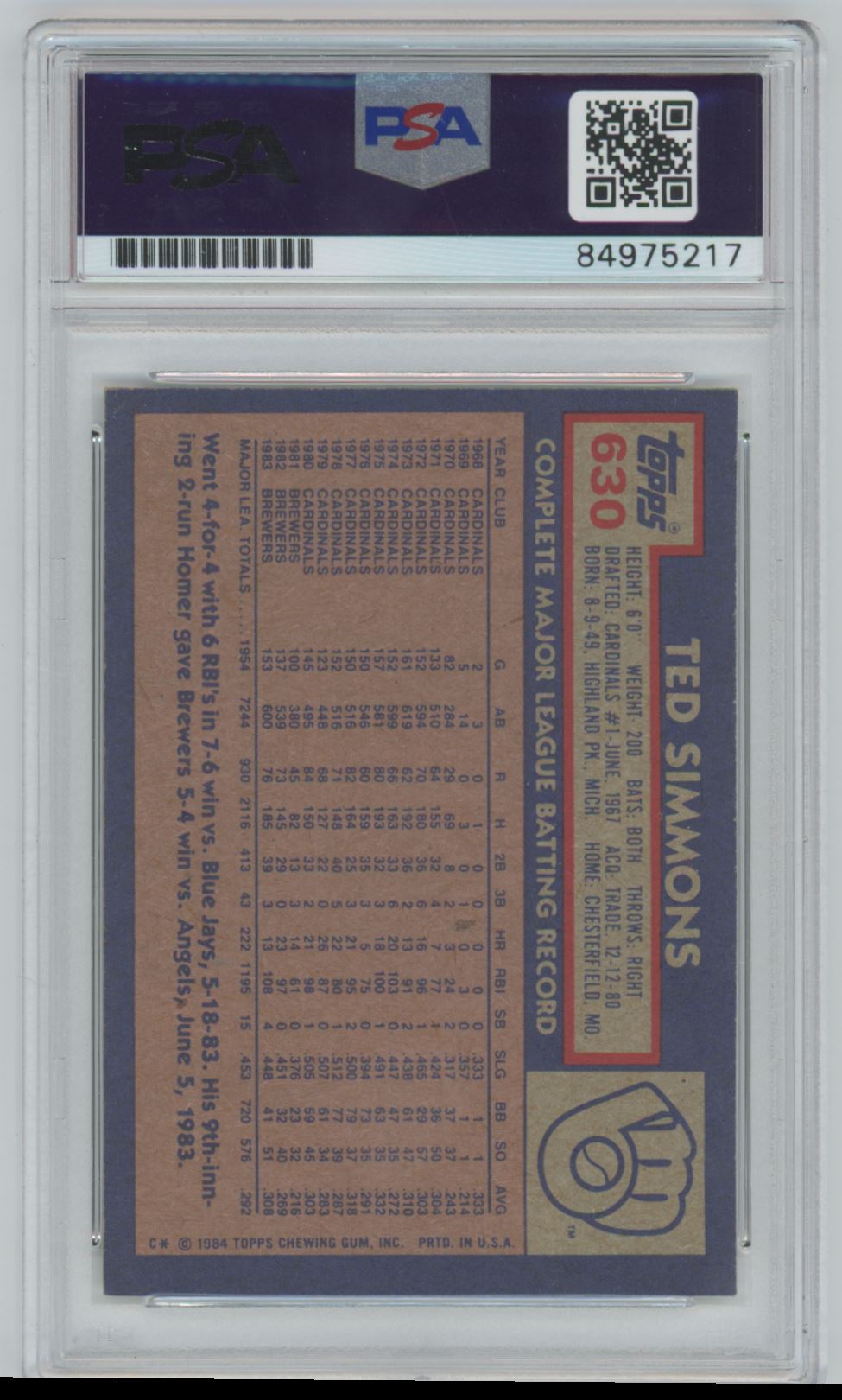 1984 Topps Ted Simmons - PSA/DNA 10 Auto