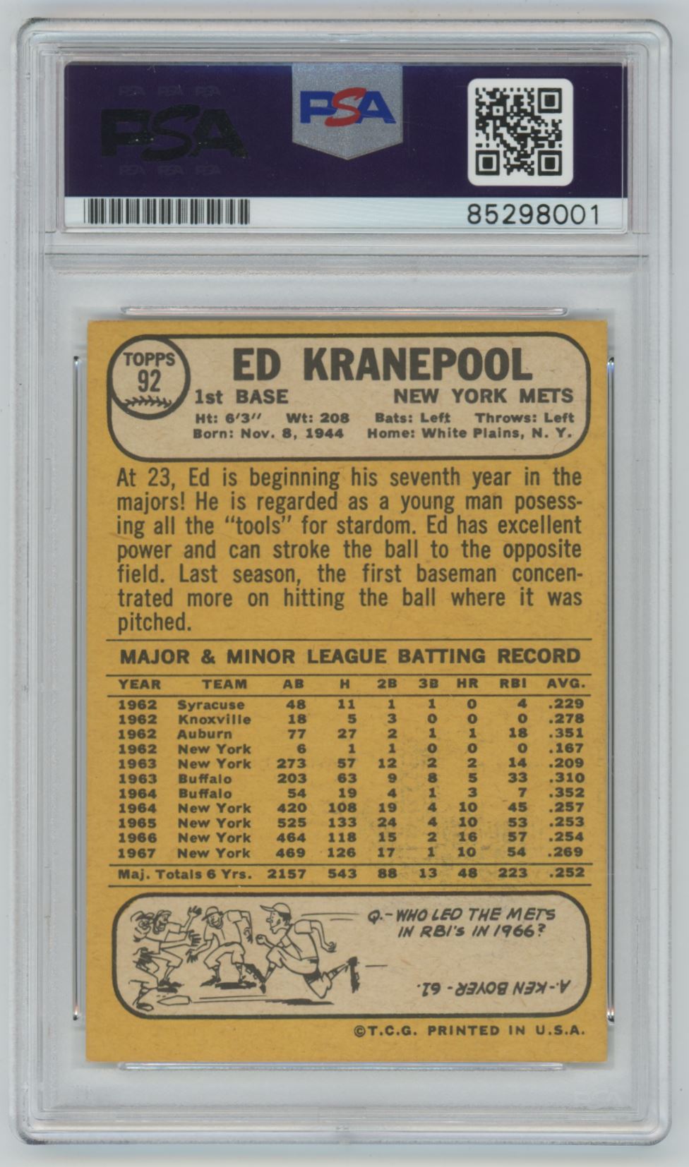 1968 Topps Ed Kranepool Auto - PSA/DNA Authentic (8001)