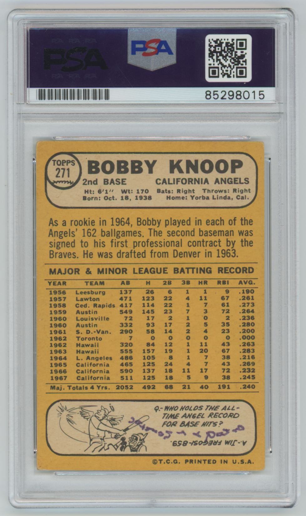 1968 Topps Bobby Knoop Auto - PSA/DNA Authentic (8015)