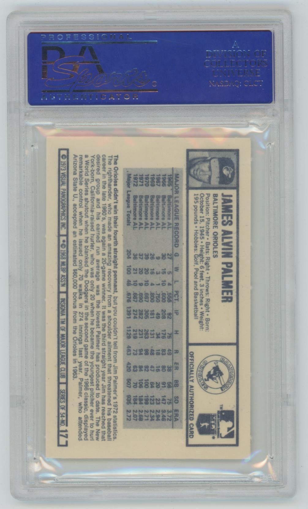 1973 Kellogg's Jim Palmer #17 - PSA 9
