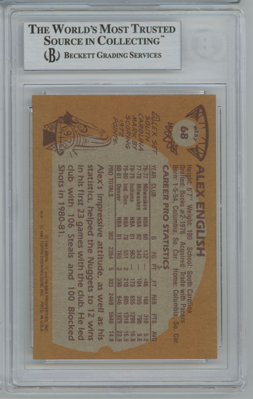 1981-82 Topps #W68 Alex English Auto - Beckett Authentic