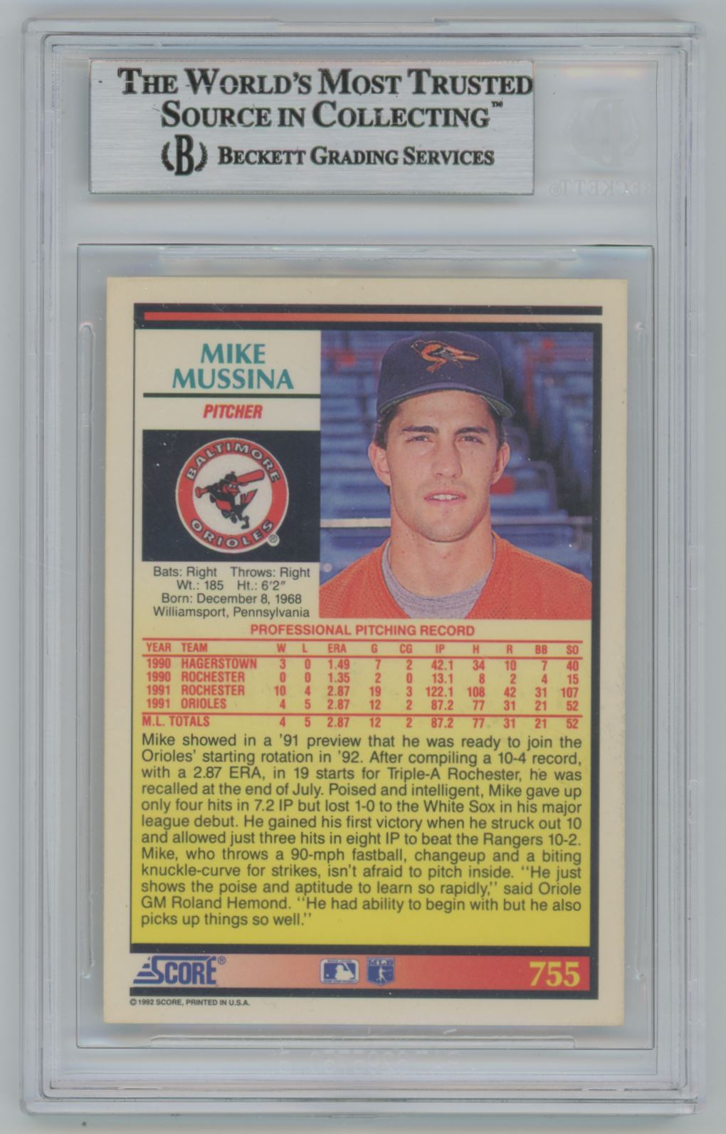 1992 Score Mike Mussina Auto - Beckett Authentic