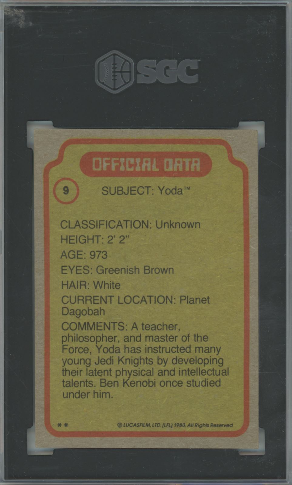 1980 Topps Star Wars Yoda #9 The Empire Strikes Back - SGC 6