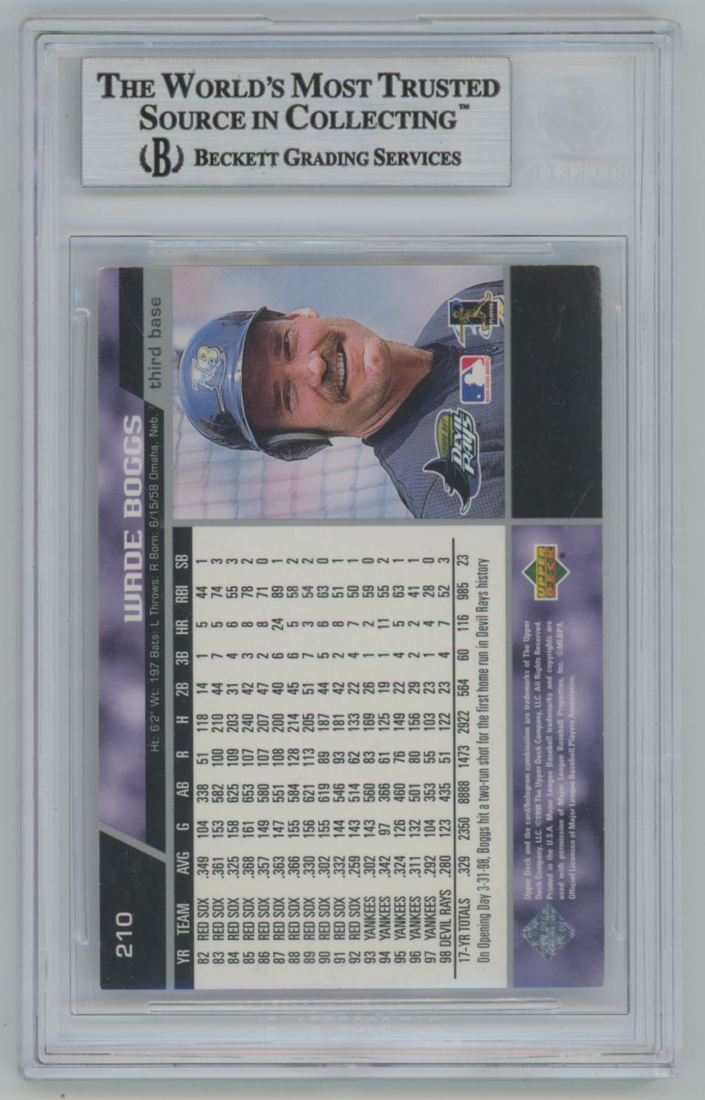 1999 Upper Deck Wade Boggs #210 Auto - Beckett Authentic