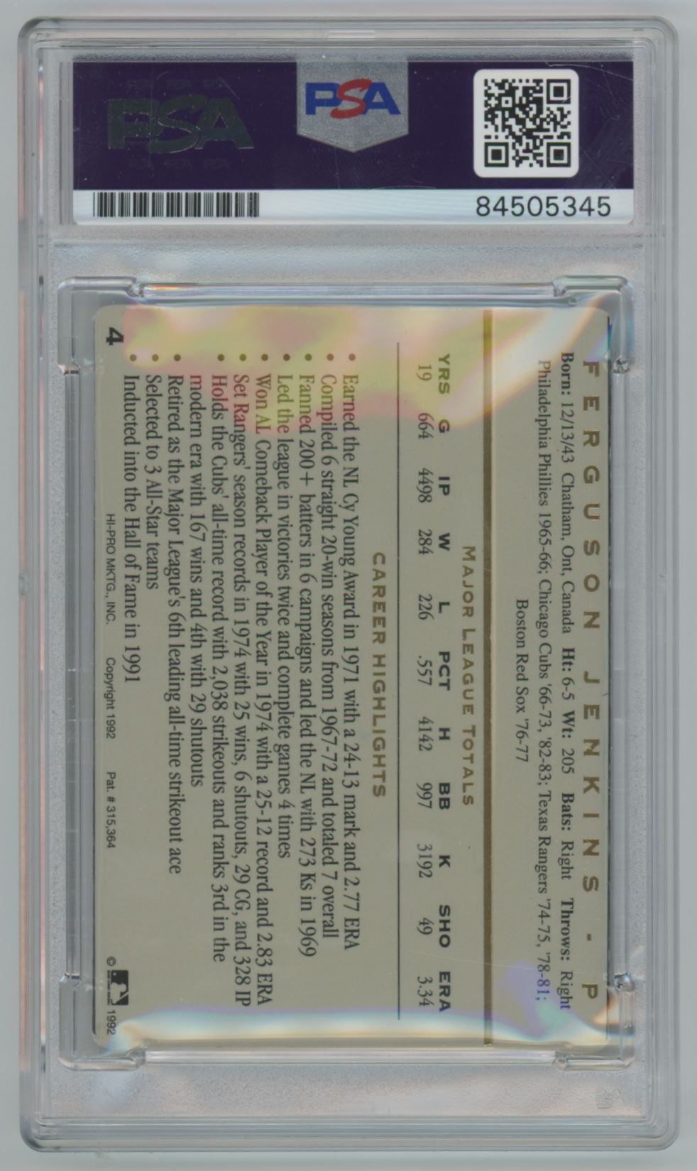 1991 Action Packed Fergie Jenkins Auto - PSA/DNA (5345)