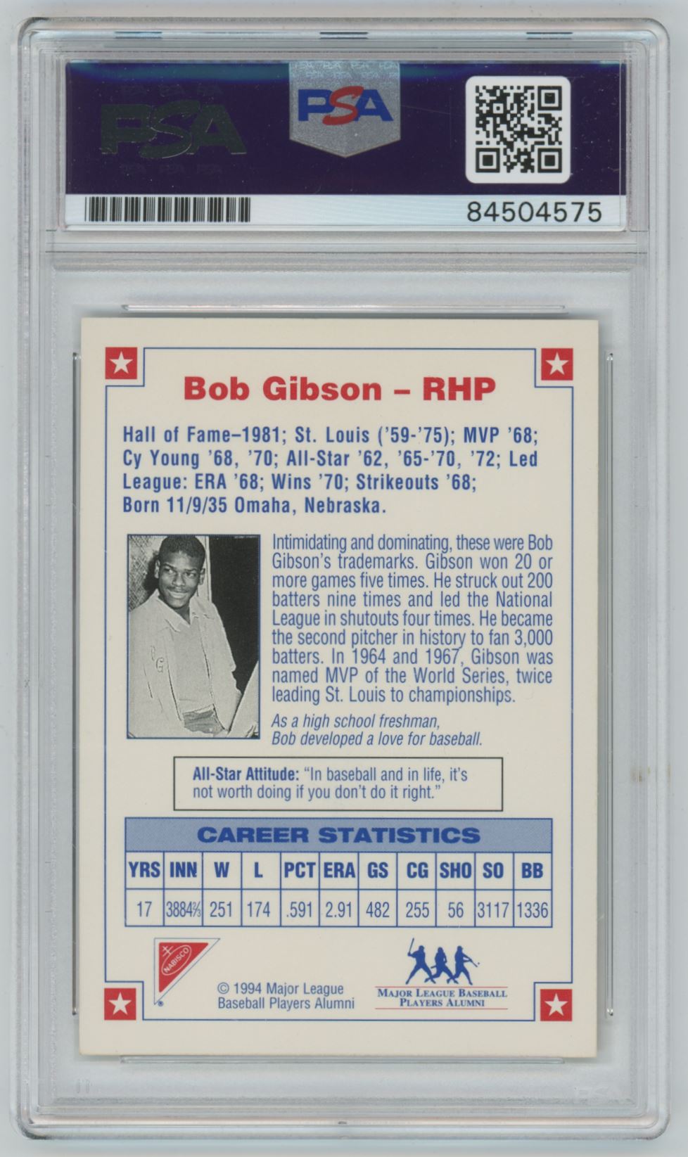 1994 Nabisco All-Star Legends Bob Gibson Auto - PSA/DNA Authentic