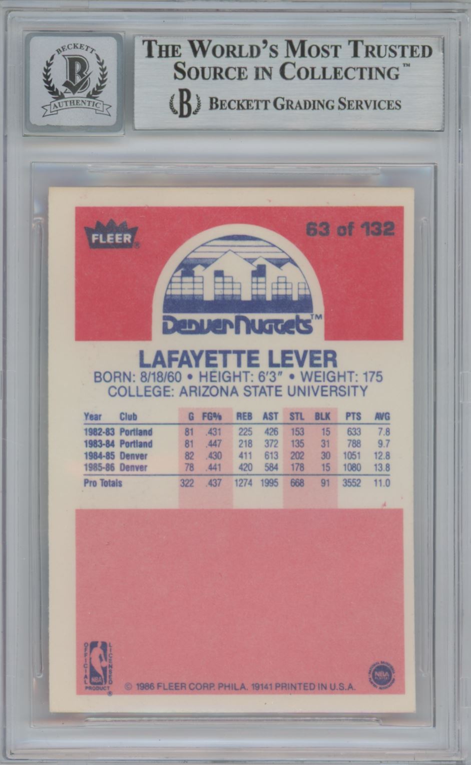1986-87 Fleer #63 Lafayette Fat Lever RC - Beckett Authentic Auto 10 Grade
