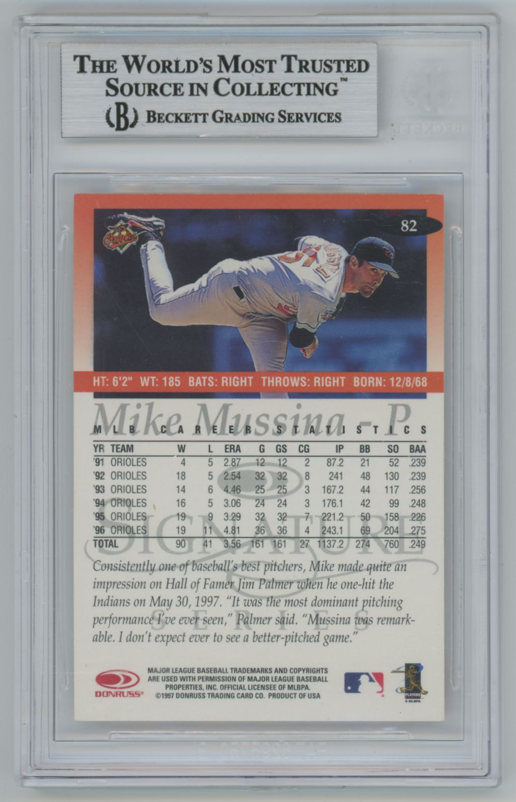 1997 Donruss Signature #82 Mike Mussina Auto - Beckett Authentic