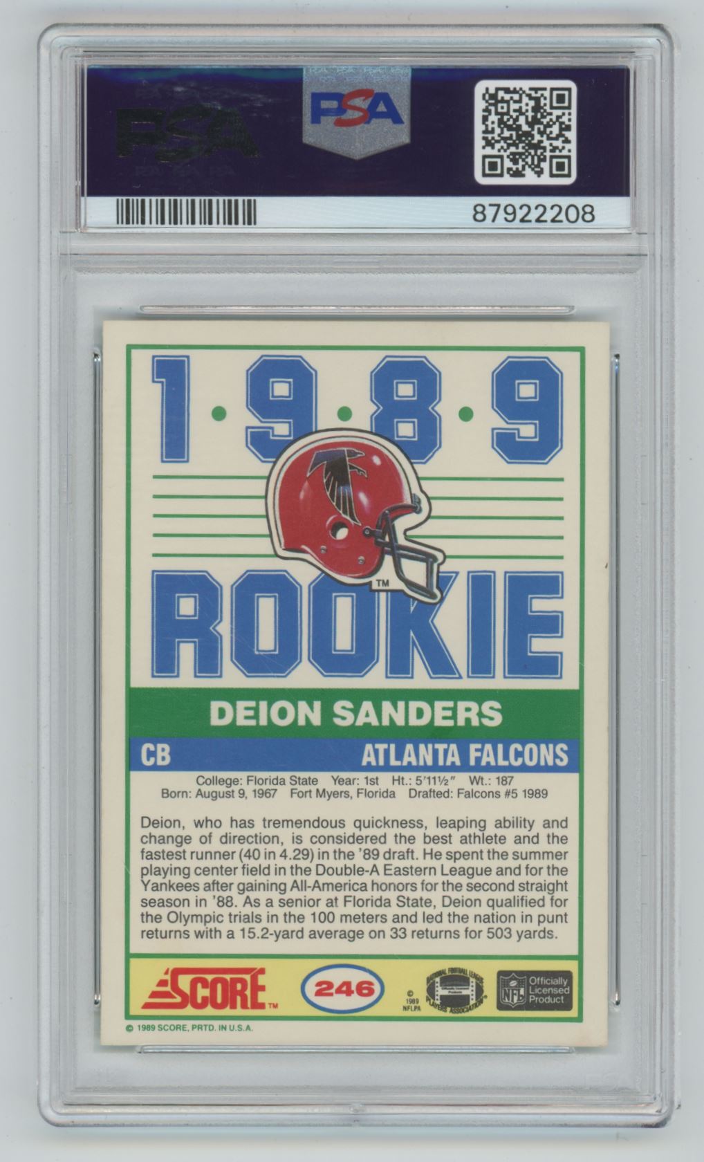 1989 Score #246 Deion Sanders Auto - PSA 4/Auto 8