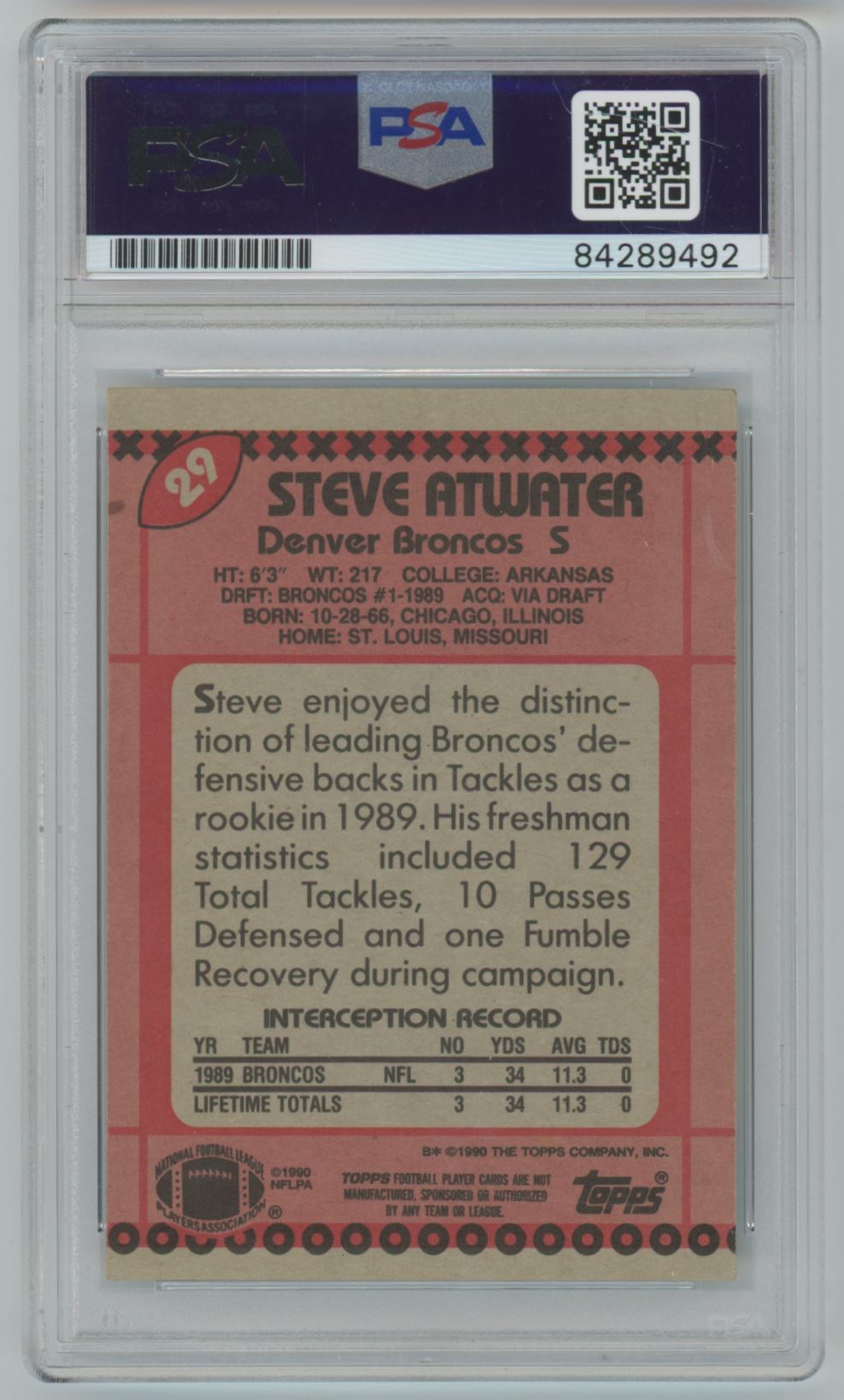 1990 Topps Steve Atwater Rookie Card Auto - PSA/DNA
