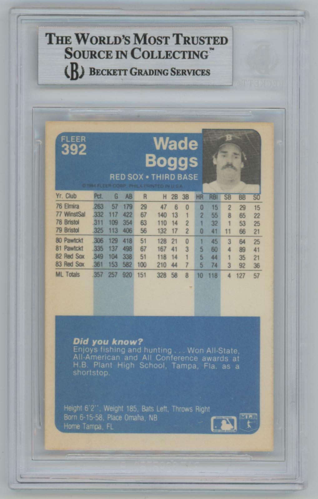 1984 Fleer #392 Wade Boggs Auto - Beckett Authentic