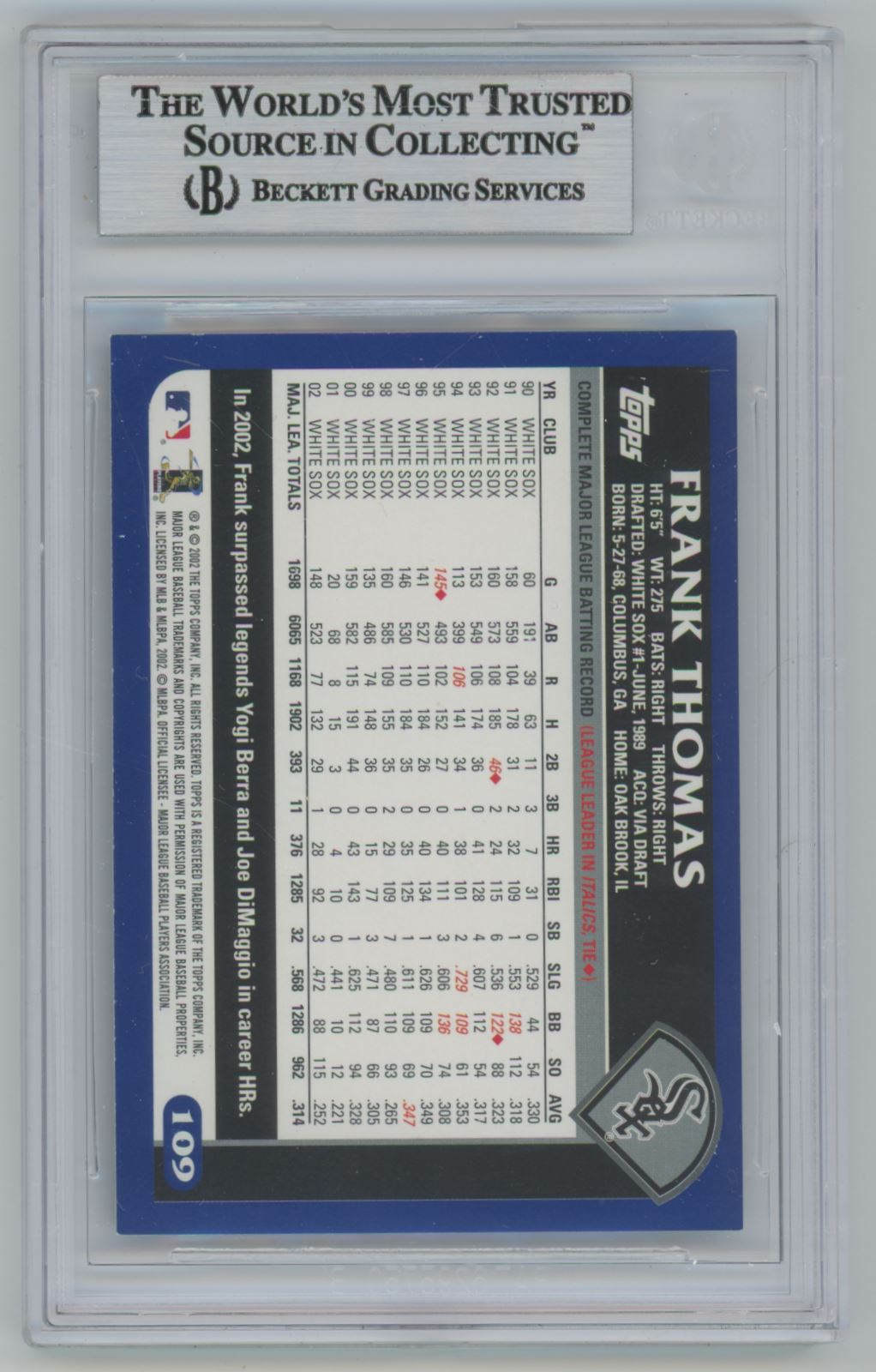 2003 Topps #109 Frank Thomas Auto - Beckett Authentic