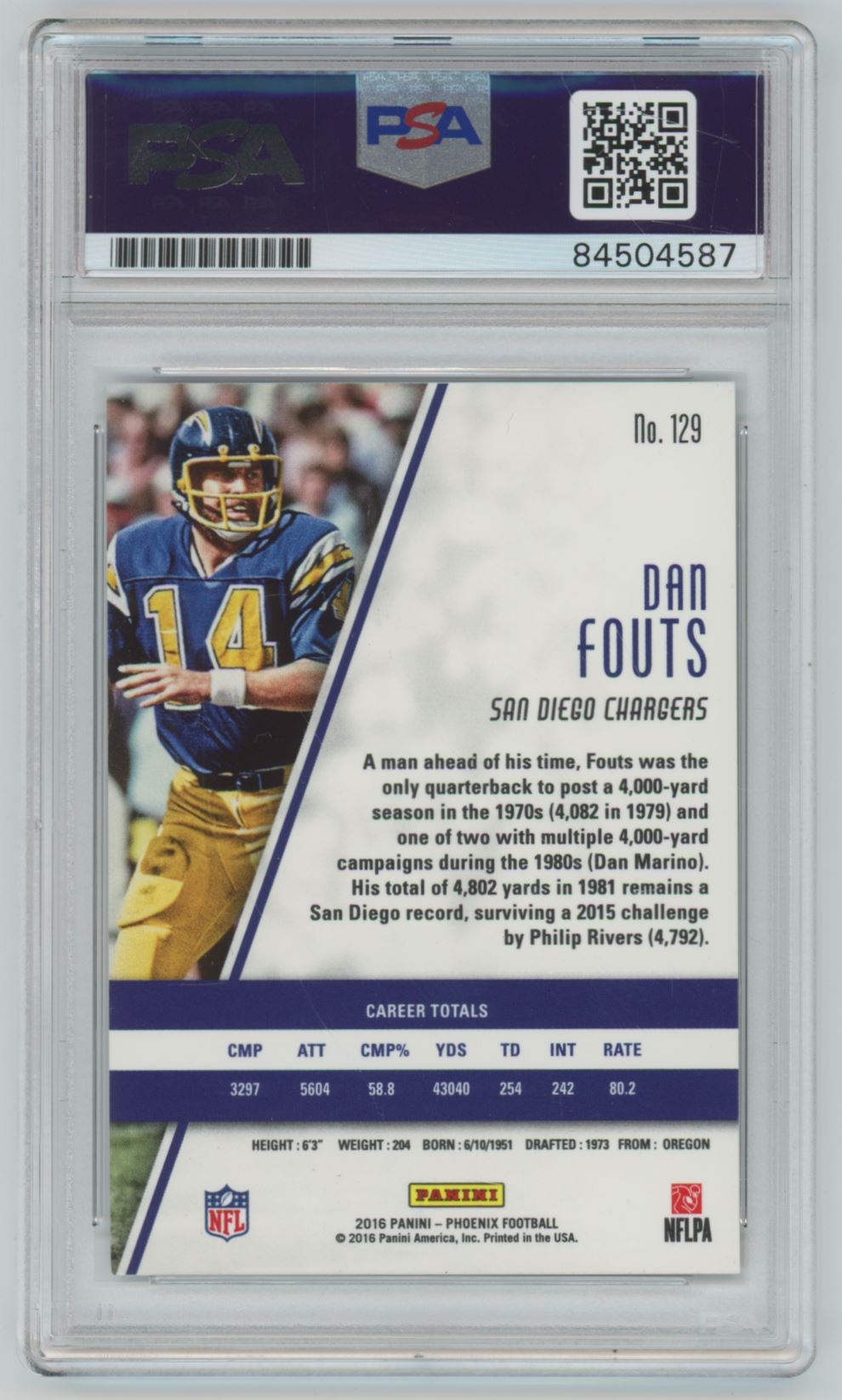 2016 Phoenix Dan Fouts #129 Auto - PSA/DNA Authentic
