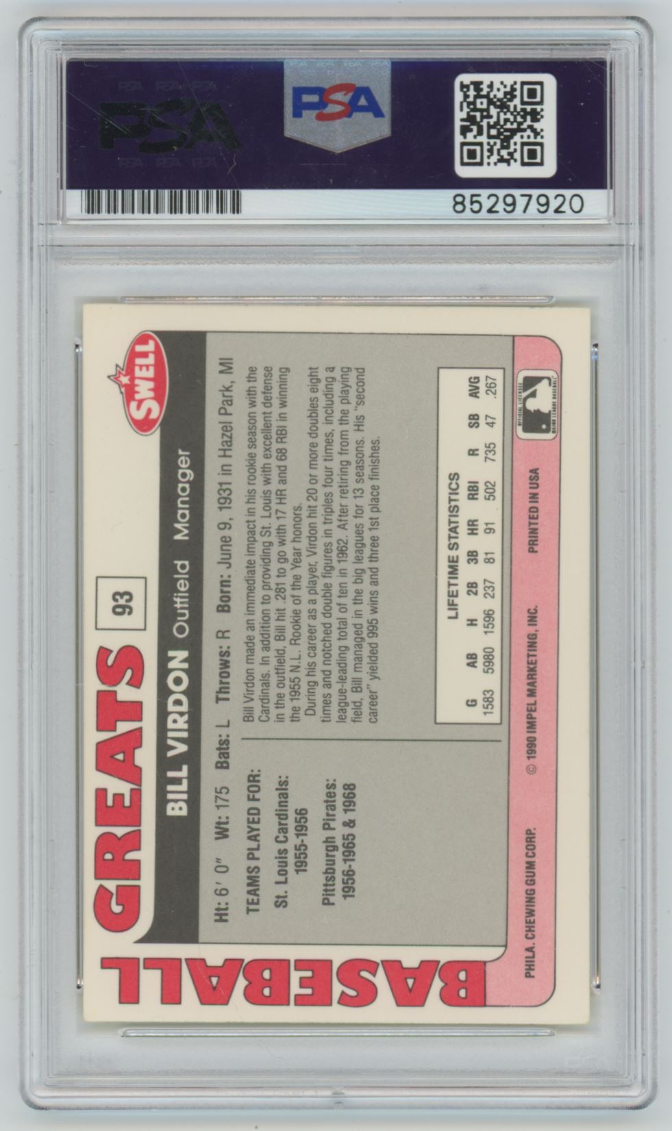 1990 Swell Baseball Greats Bill Virdon Auto - PSA/DNA Authentic