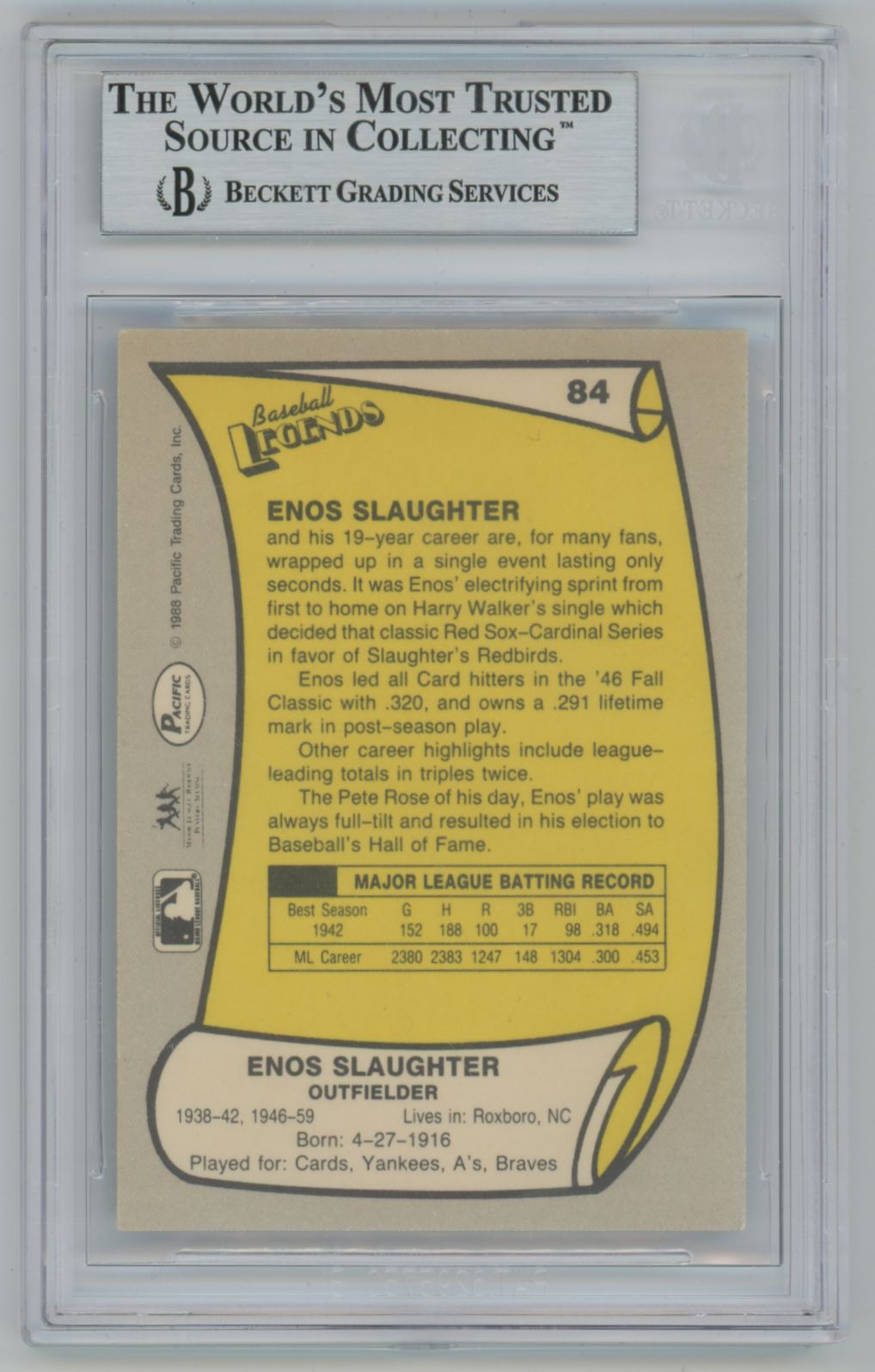 1988 Pacific Legends Enos Slaughter Auto - Beckett Authentic