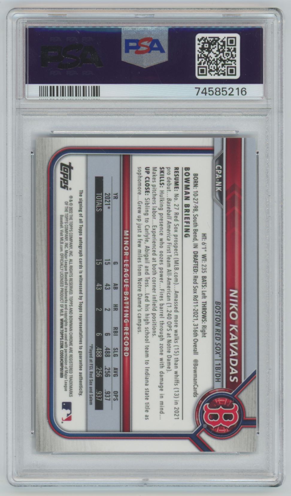 2022 Bowman Chrome Prospects Purple Niko Kavadas Auto /250 - PSA 9