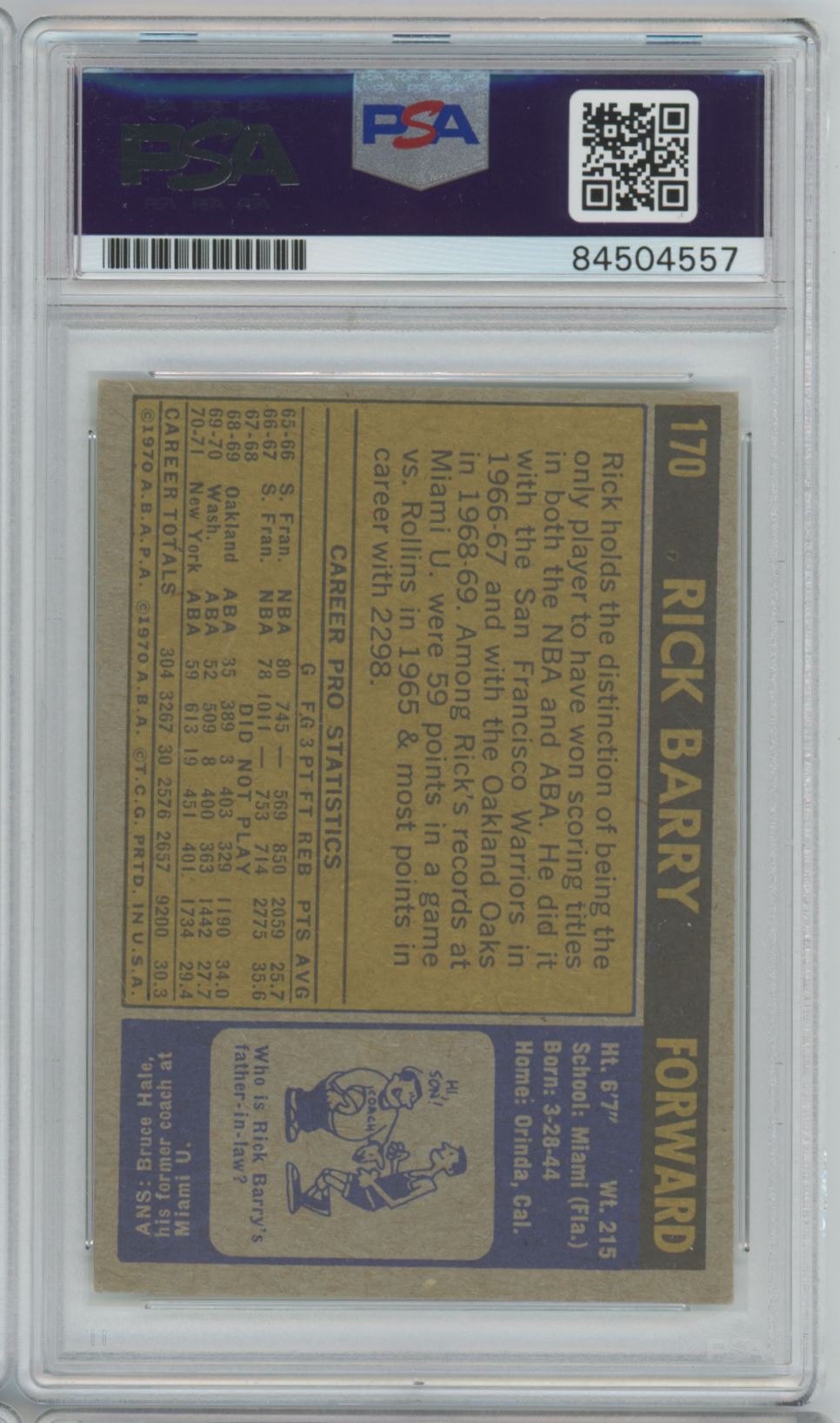 1970 Topps #170 Rick Barry Rookie Card Auto Inscription - PSA/DNA Auto 10 grade