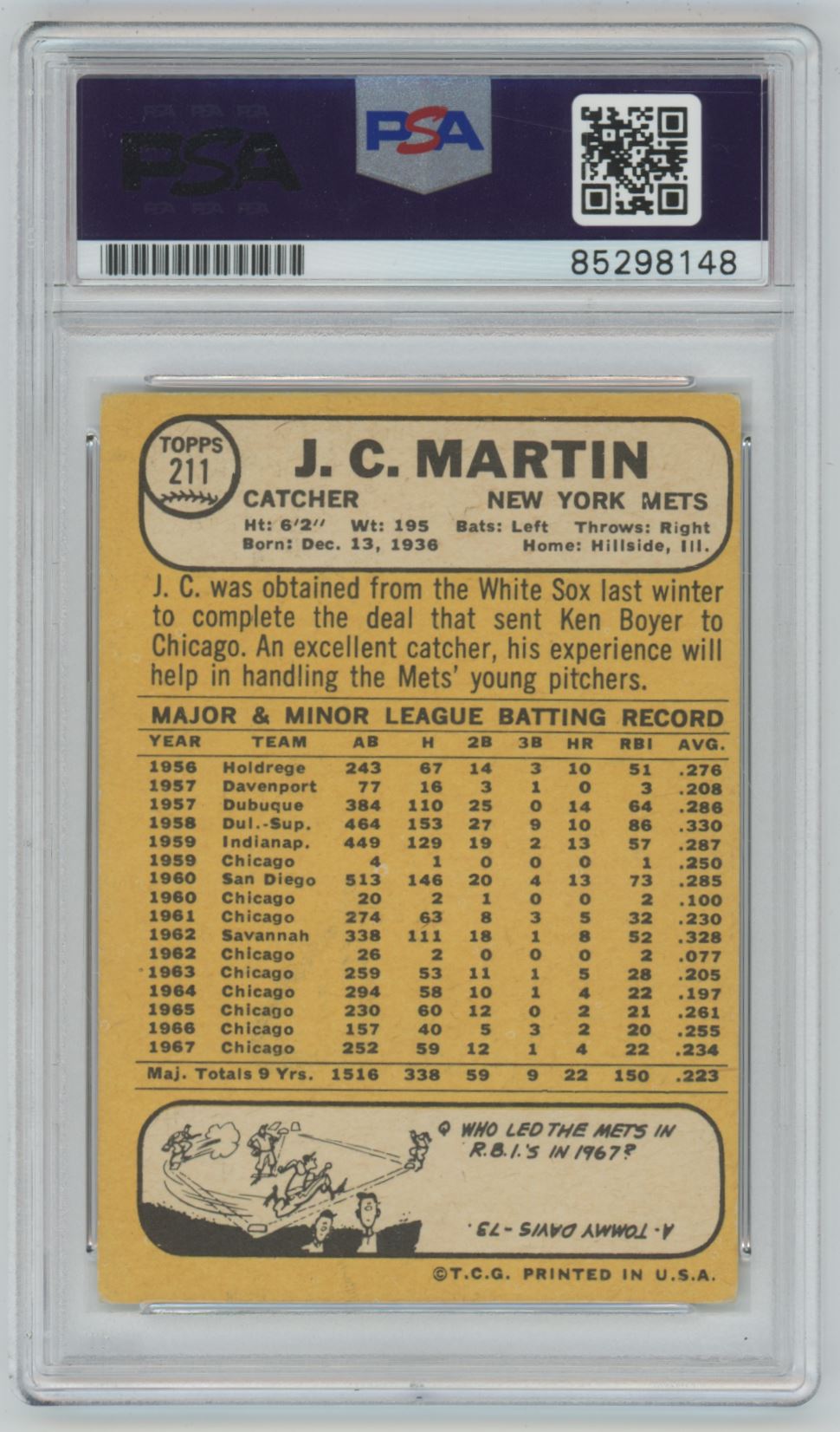 1968 Topps J.C. Martin Auto - PSA/DNA Authentic (8148)