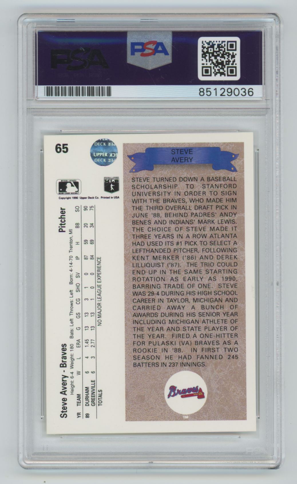 1990 Upper Deck Steve Avery Auto - PSA/DNA