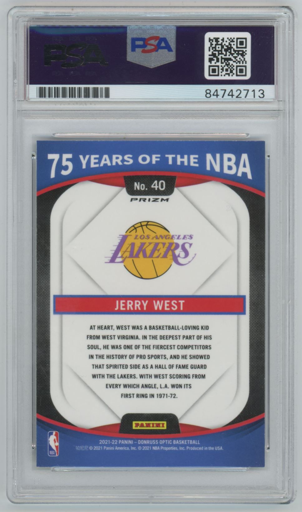 2021 Donruss Optic 75 Years of the NBA Jerry West Auto 10 Grade - PSA/DNA