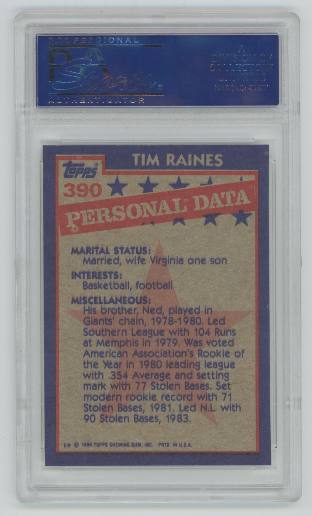 1984 Topps Tim Raines #390 - PSA 10