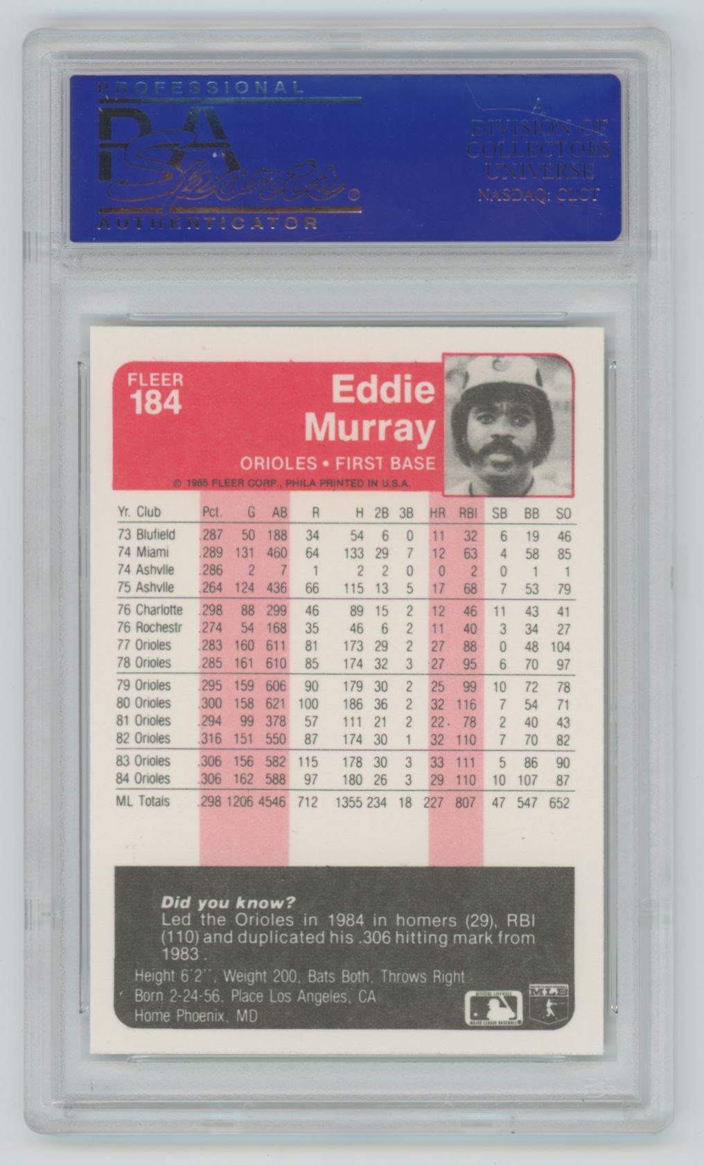 1985 Fleer Eddie Murray #184 - PSA 9