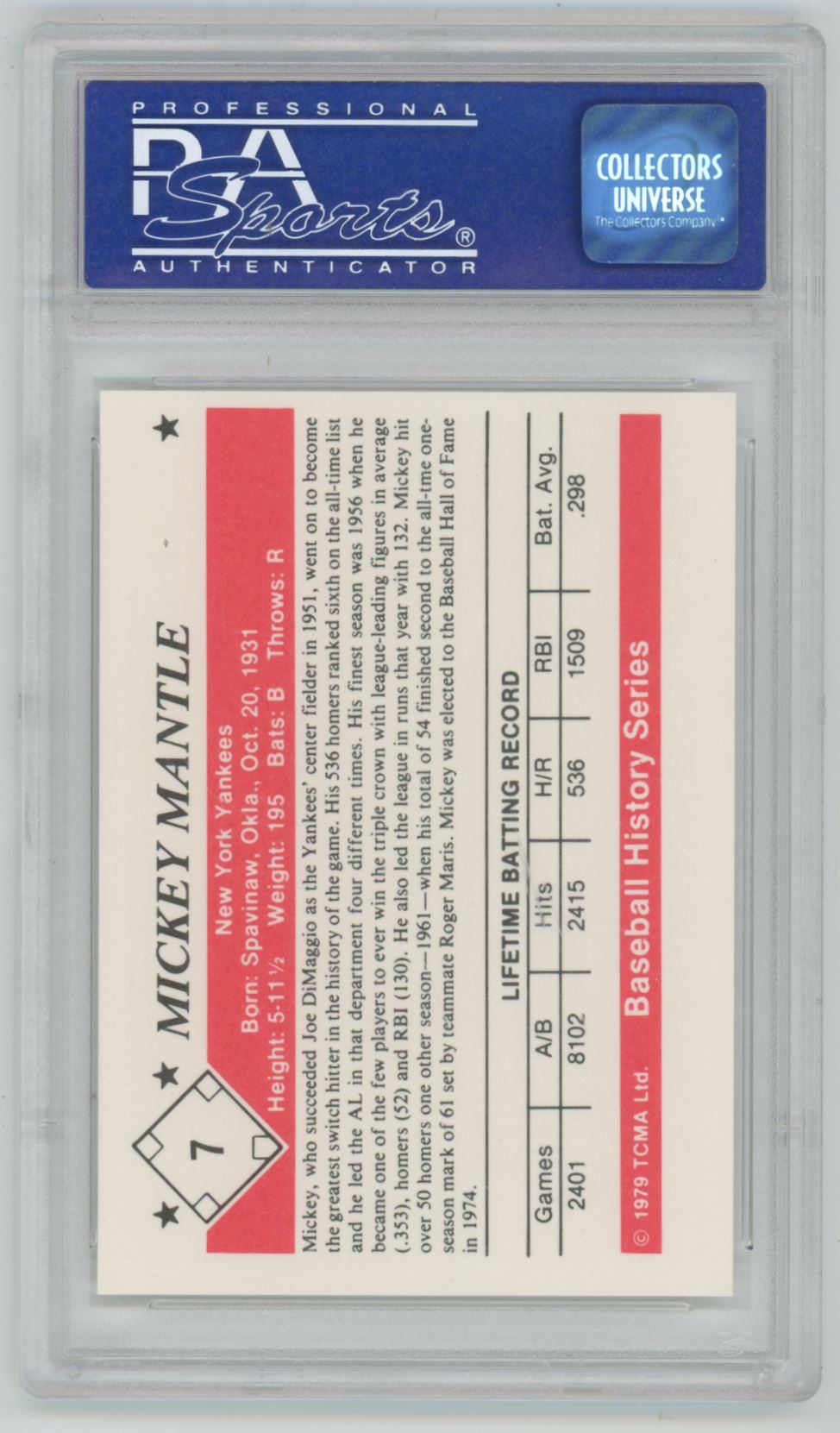1979 TCMA Baseball Mickey Mantle History Series #7 - PSA 10