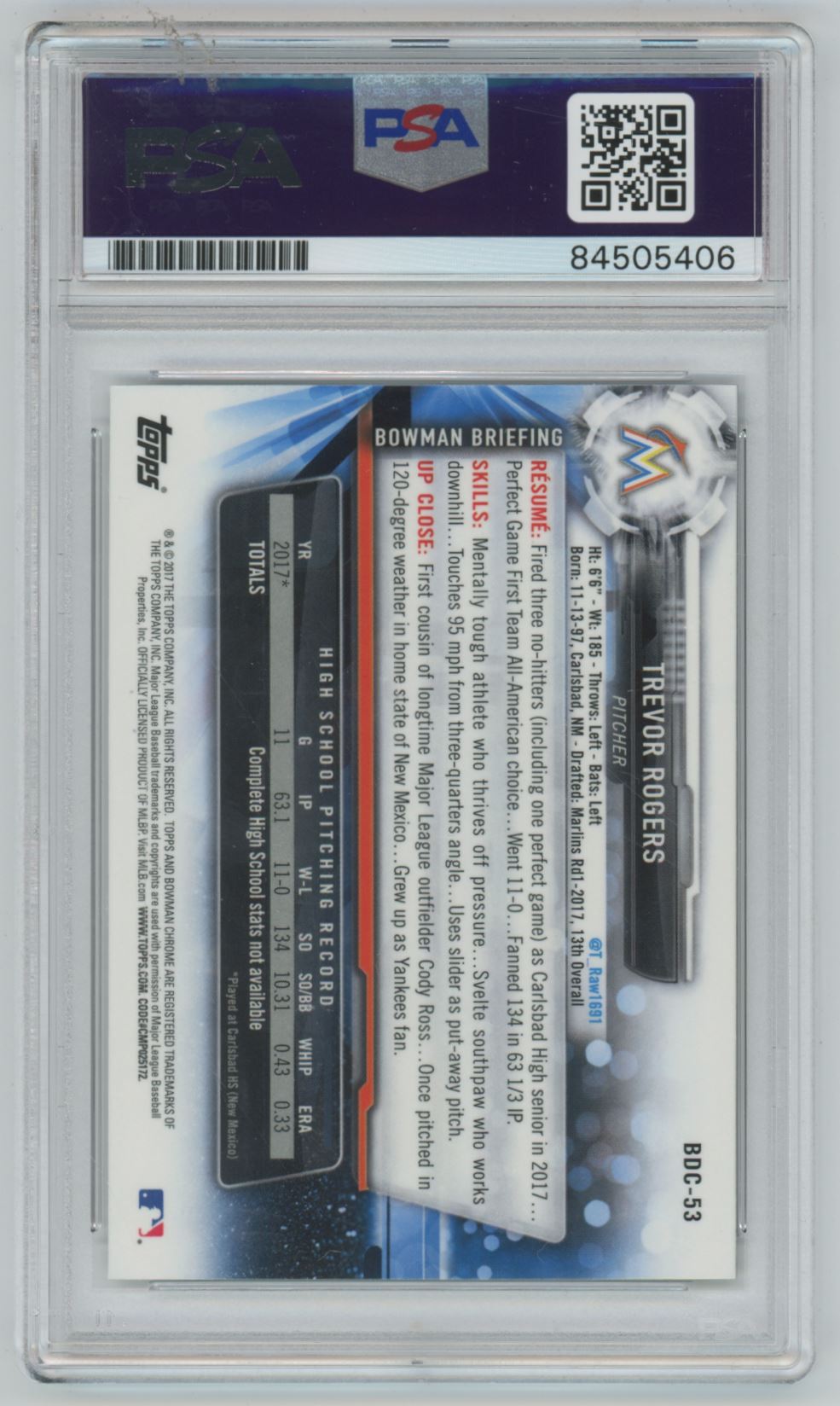 2017 Topps Trevor Rodgers Auto - PSA/DNA