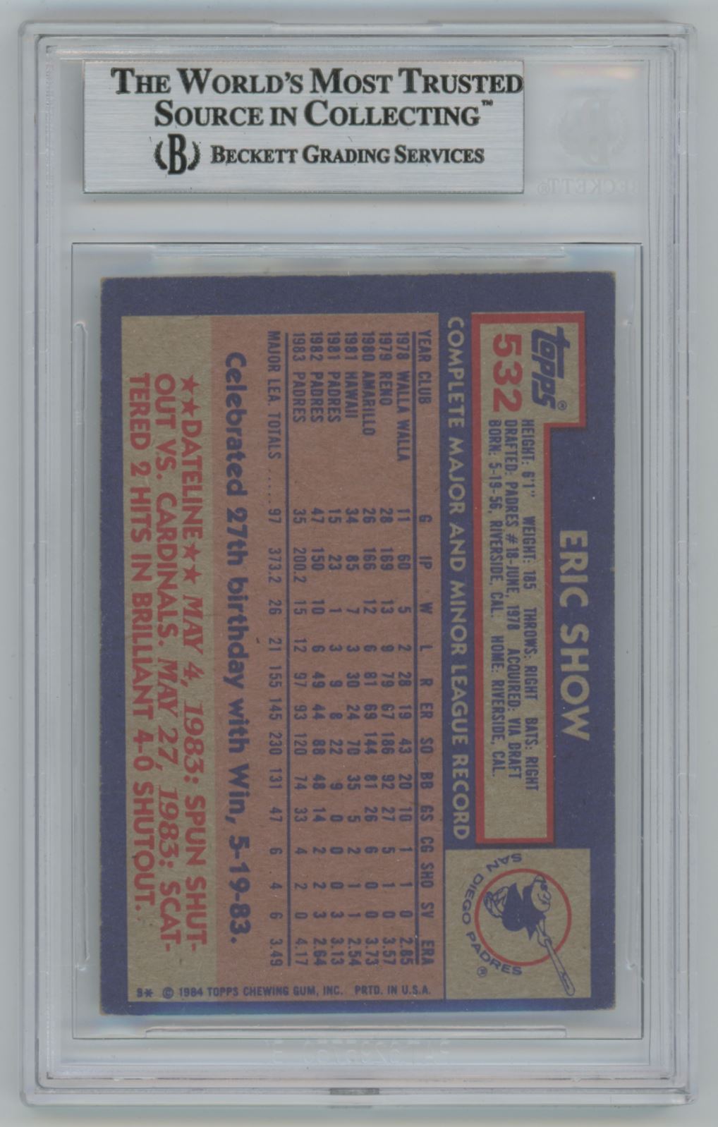 1984 Topps Eric Show Auto - Beckett Authentic